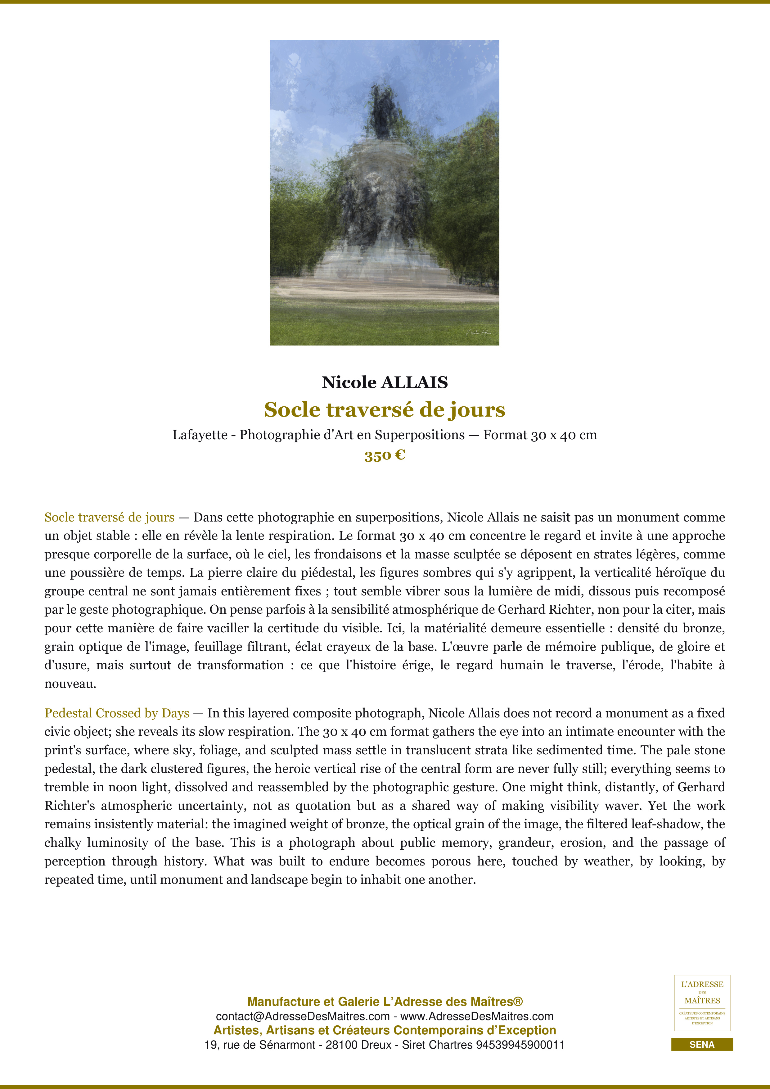 Fiche Premium — Socle traversé de jours — Nicole ALLAIS — L'Adresse des Maîtres®