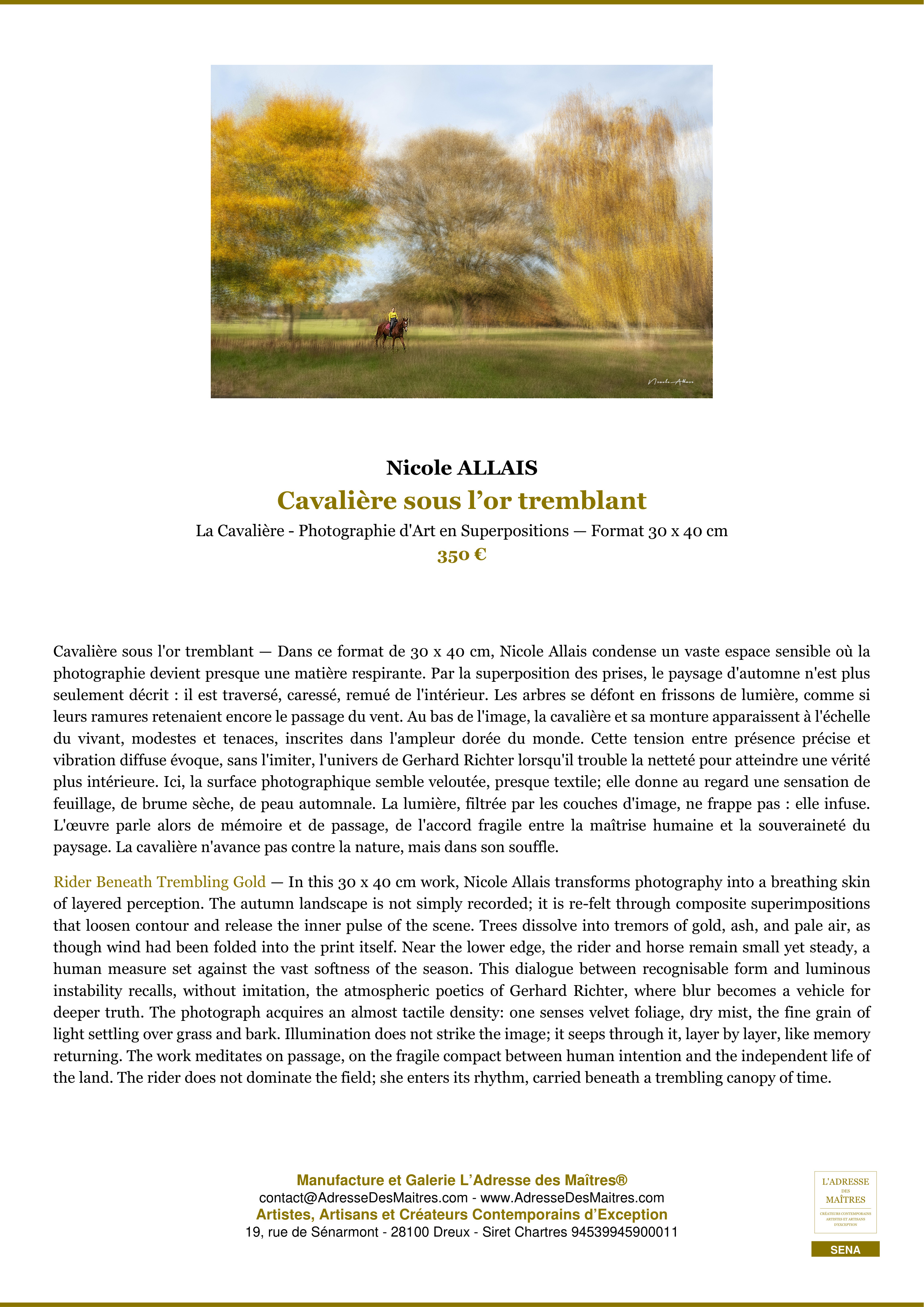 Fiche Premium — Cavalière sous l’or tremblant — Nicole ALLAIS — L'Adresse des Maîtres®