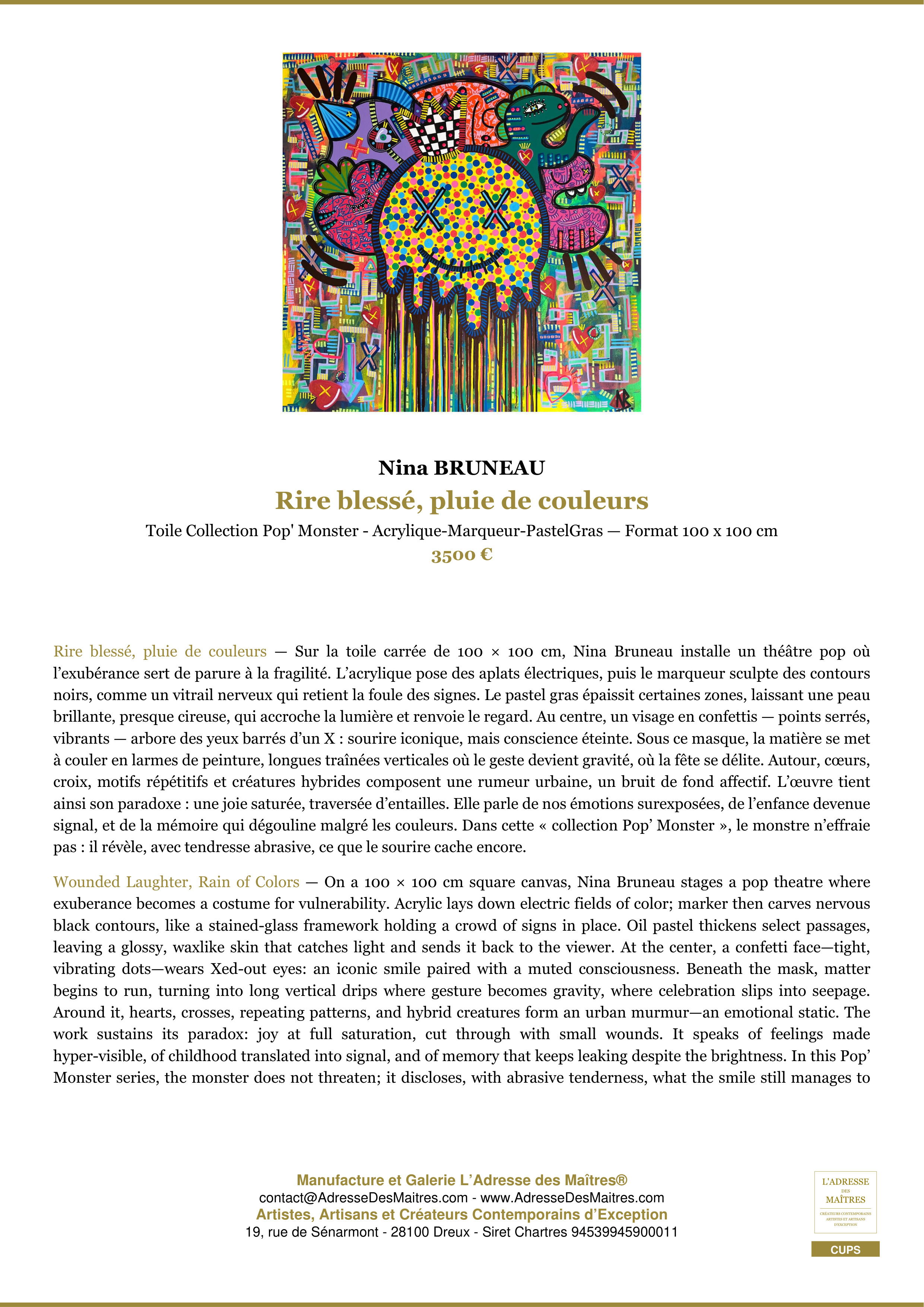 Fiche Premium — Rire blessé, pluie de couleurs — Nina BRUNEAU — L'Adresse des Maîtres®