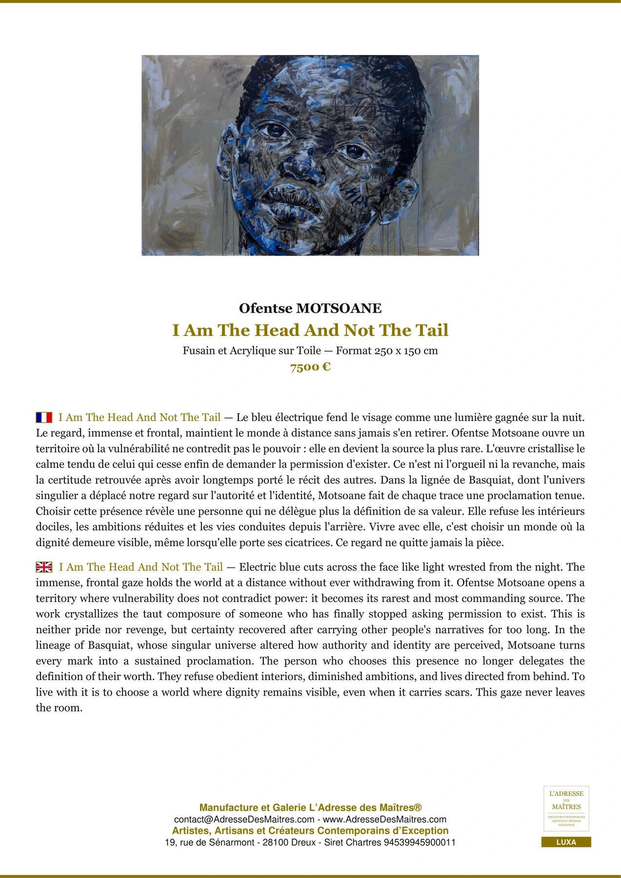 Fiche Premium - I Am The Head And Not The Tail - Ofentse MOTSOANE - L'Adresse des Maîtres®