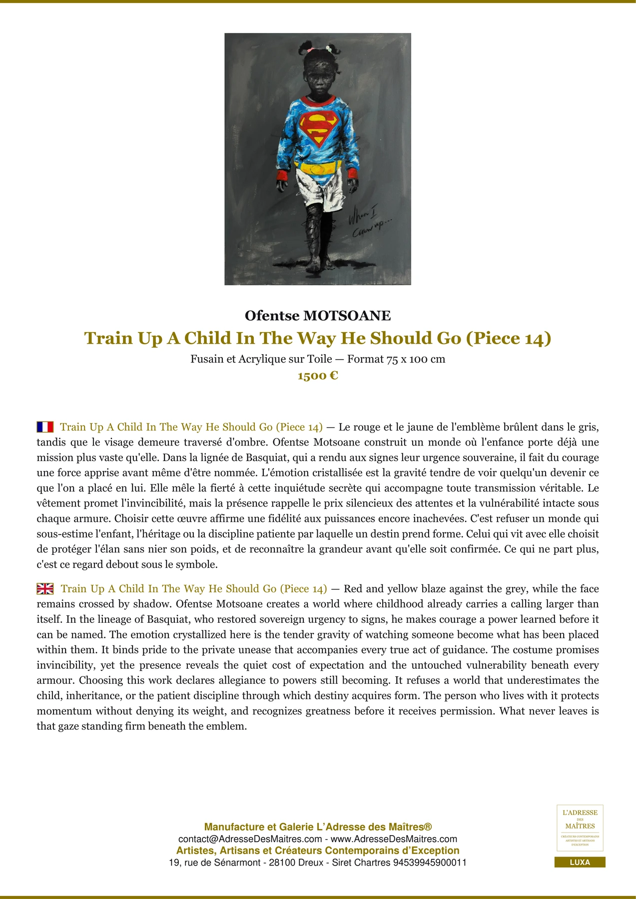 Fiche Premium - Train Up A Child In The Way He Should Go (Piece 14) - Ofentse MOTSOANE - L'Adresse des Maîtres®