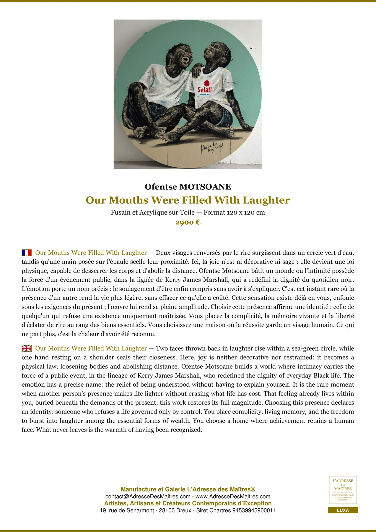 Fiche Premium - Our Mouths Were Filled With Laughter - Ofentse MOTSOANE - L'Adresse des Maîtres®