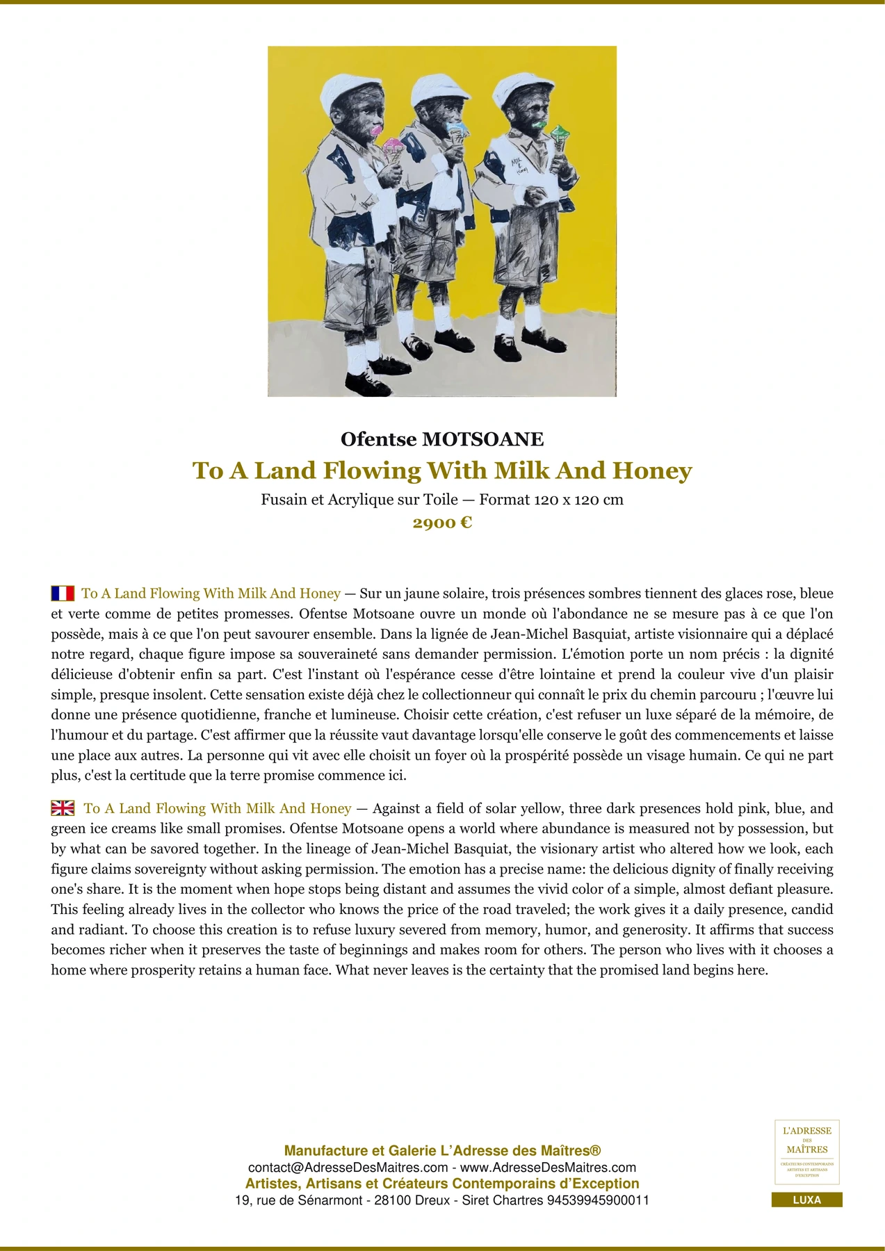 Fiche Premium - To A Land Flowing With Milk And Honey - Ofentse MOTSOANE - L'Adresse des Maîtres®