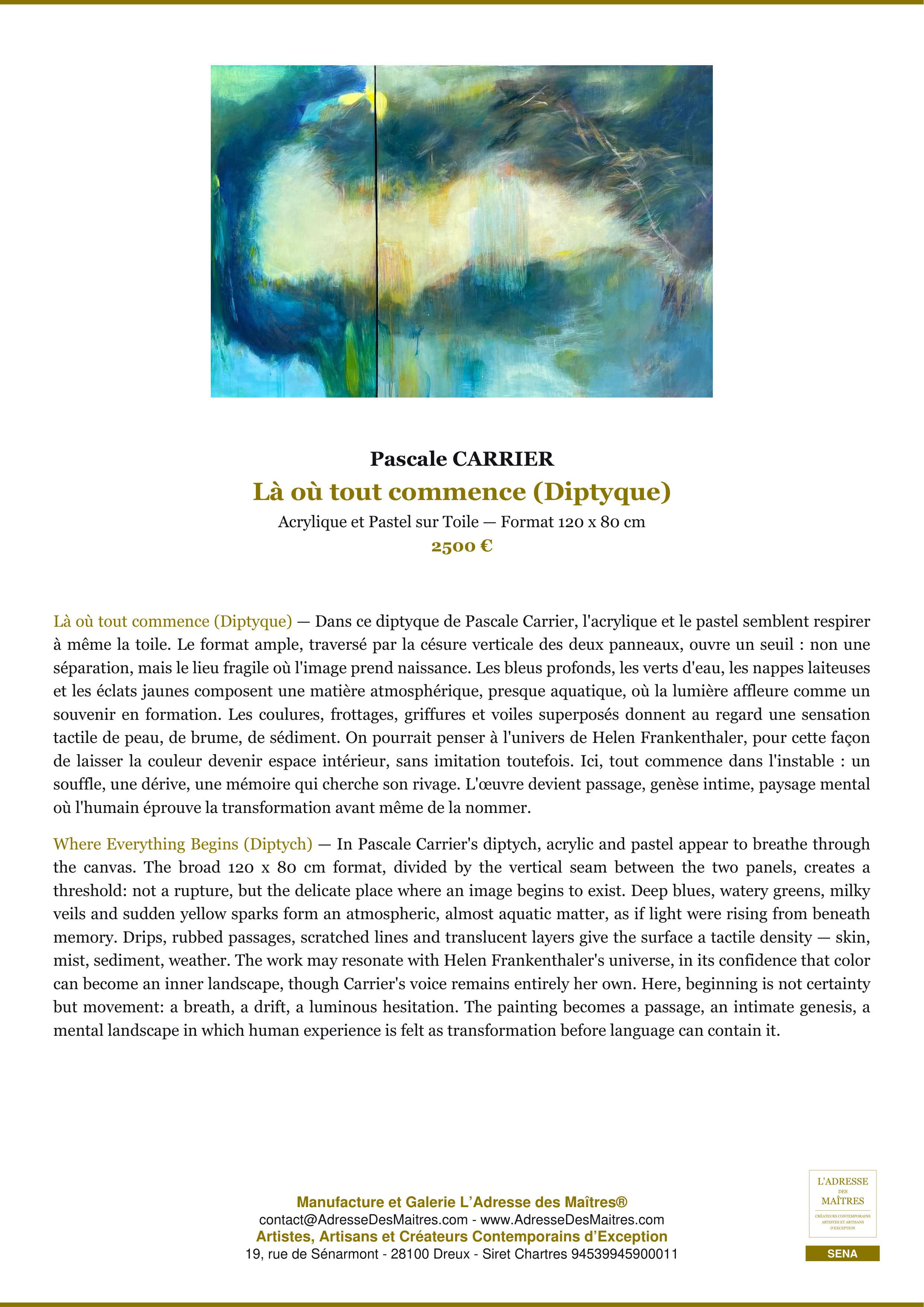 Fiche Premium — Là où tout commence (Diptyque) — Pascale CARRIER — L'Adresse des Maîtres®
