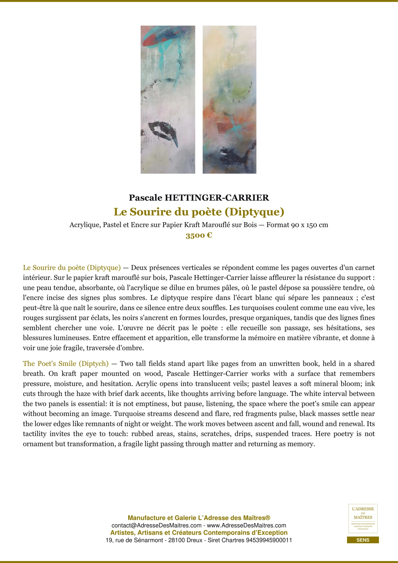 Fiche Premium - Le Sourire du poète (Diptyque) - Pascale HETTINGER-CARRIER - L'Adresse des Maîtres®