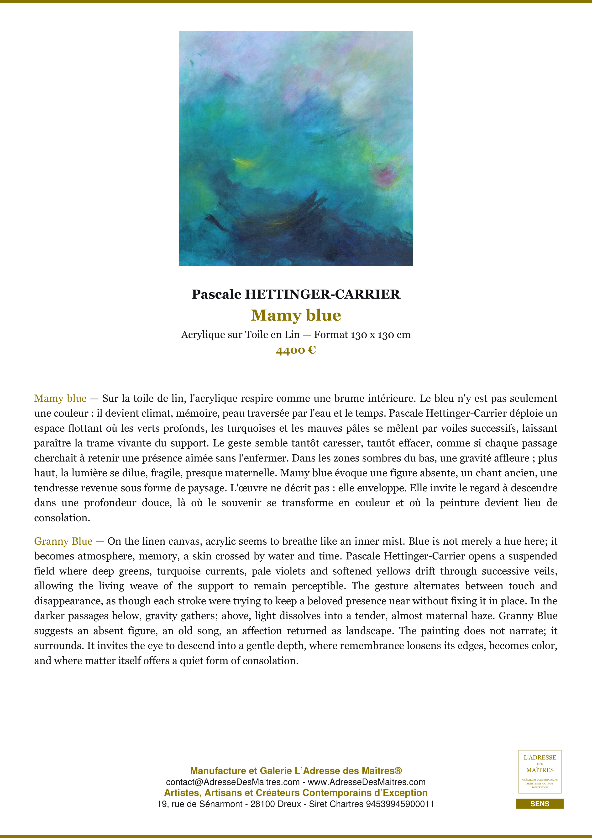 Fiche Premium — Mamy blue — Pascale HETTINGER-CARRIER — L'Adresse des Maîtres®