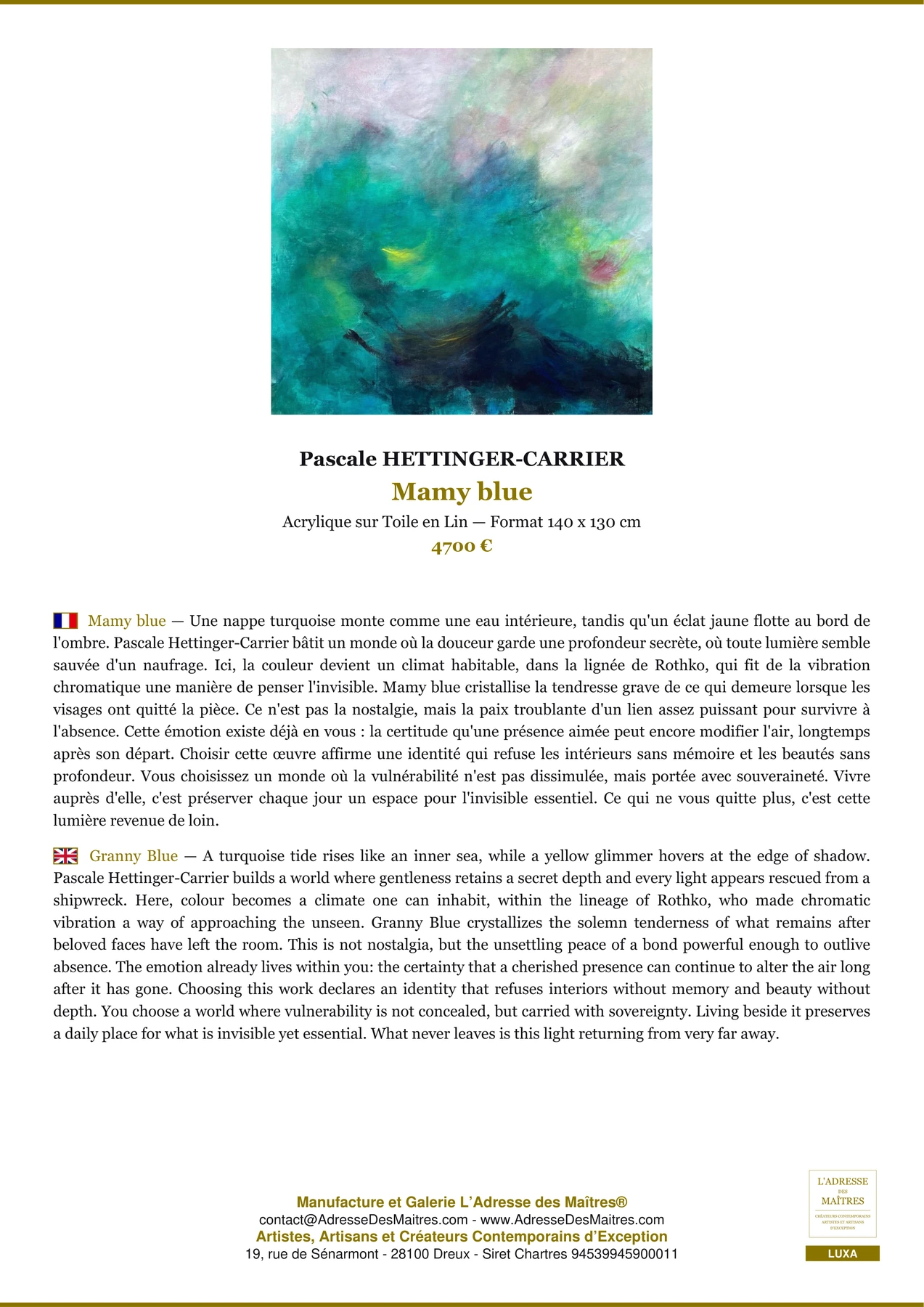 Mamy blue — Fiche Premium, Acrylique sur Toile en Lin 140 x 130 cm, Pascale HETTINGER-CARRIER