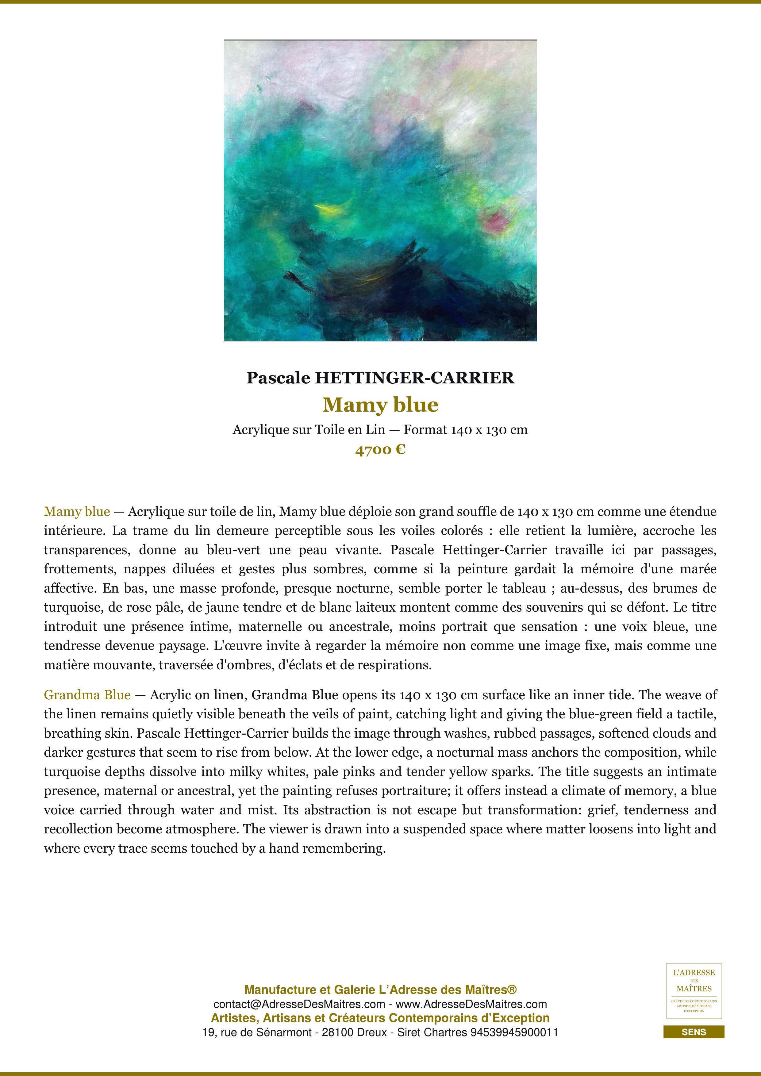 Fiche Premium — Mamy blue — Pascale HETTINGER-CARRIER — L'Adresse des Maîtres®