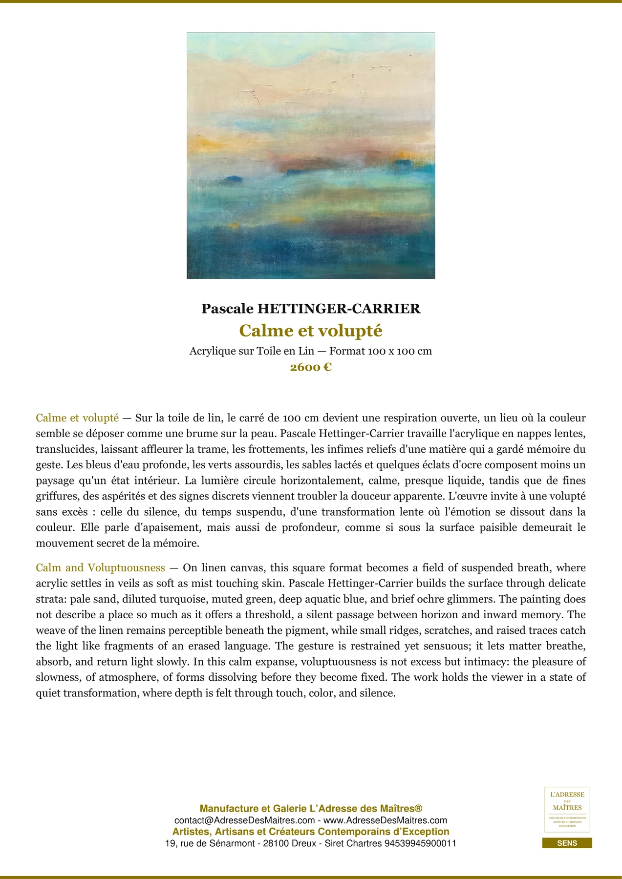Fiche Premium - Calme et volupté - Pascale HETTINGER-CARRIER - L'Adresse des Maîtres®