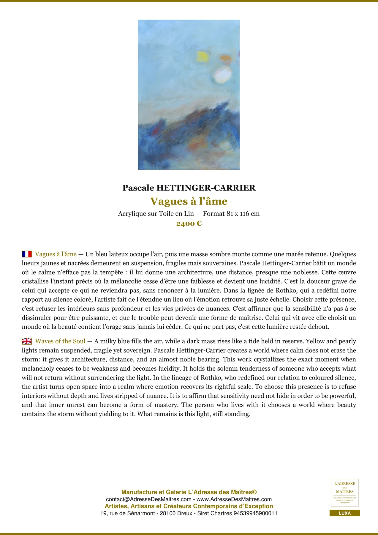 Fiche Premium - Vagues à l'âme - Pascale HETTINGER-CARRIER - L'Adresse des Maîtres®