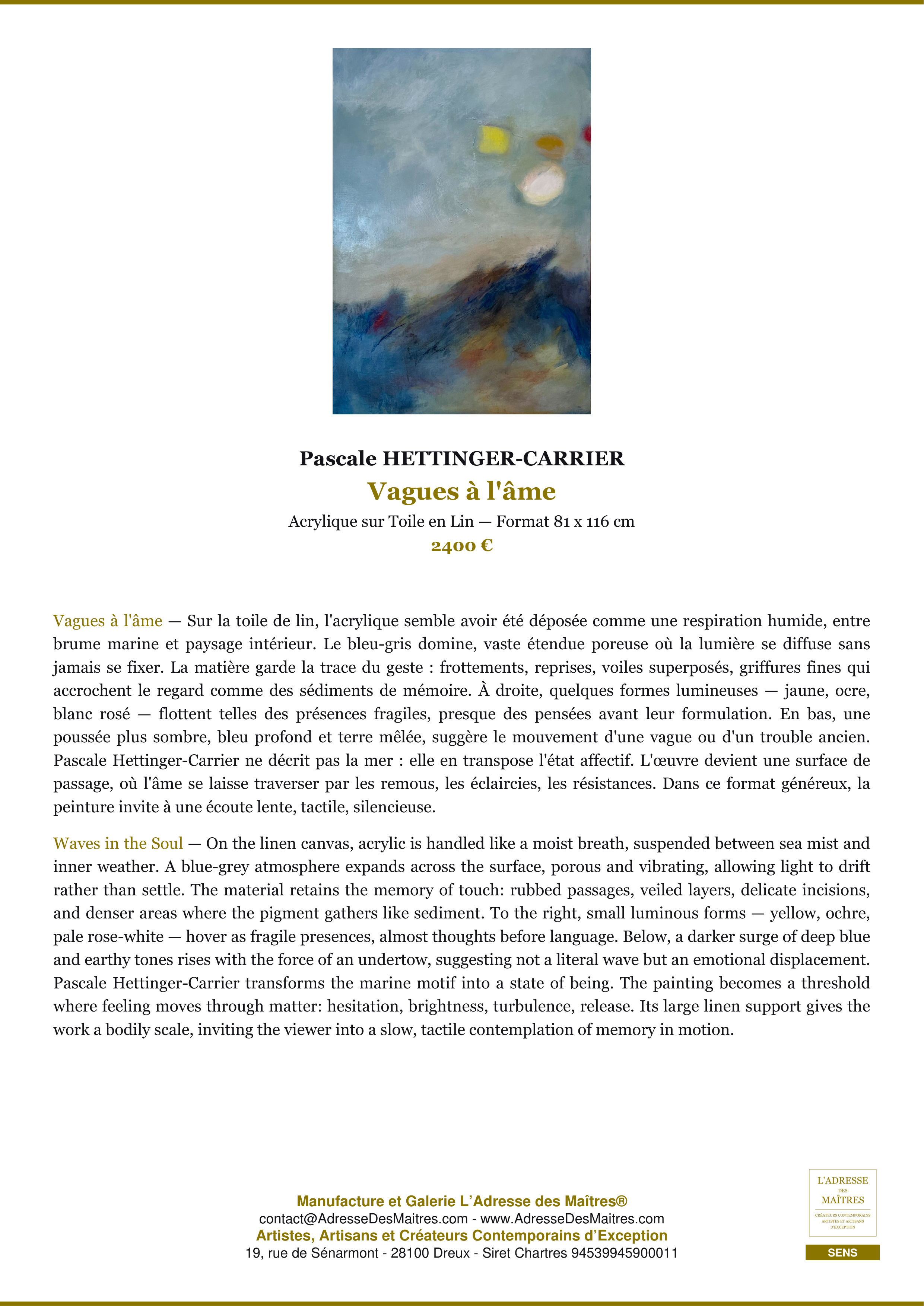 Fiche Premium — Vagues à l'âme — Pascale HETTINGER-CARRIER — L'Adresse des Maîtres®