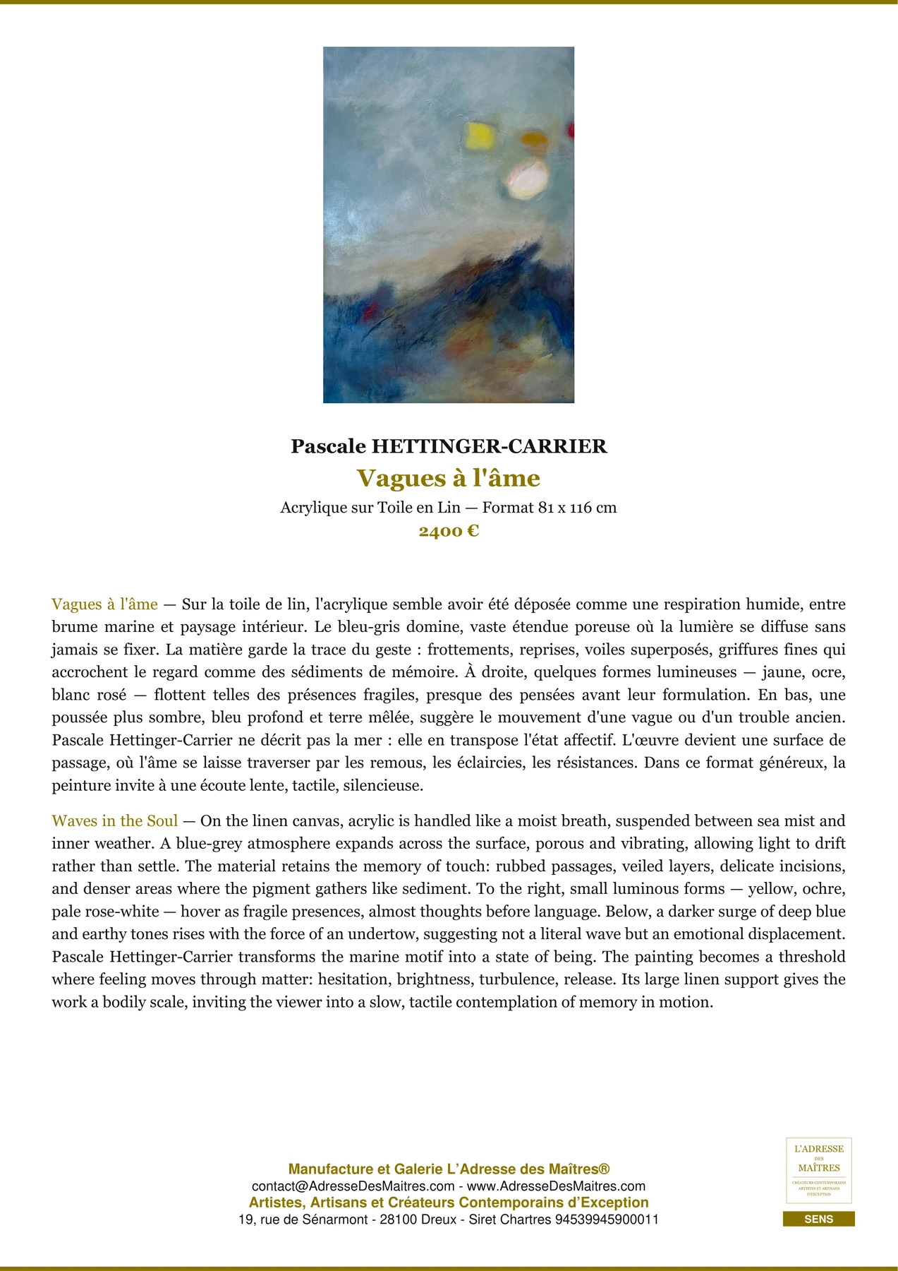 Fiche Premium - Vagues à l'âme - Pascale HETTINGER-CARRIER - L'Adresse des Maîtres®