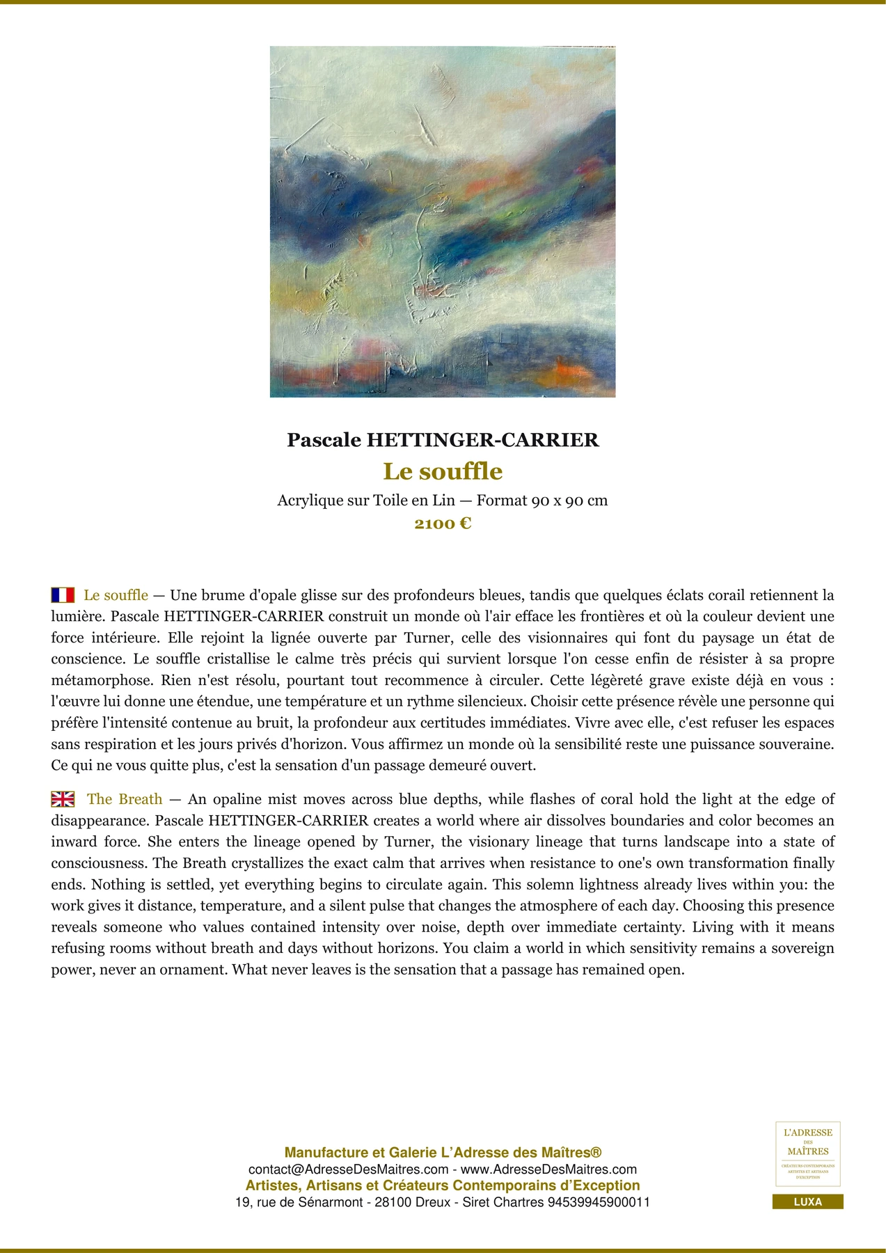 Fiche Premium - Le souffle - Pascale HETTINGER-CARRIER - L'Adresse des Maîtres®