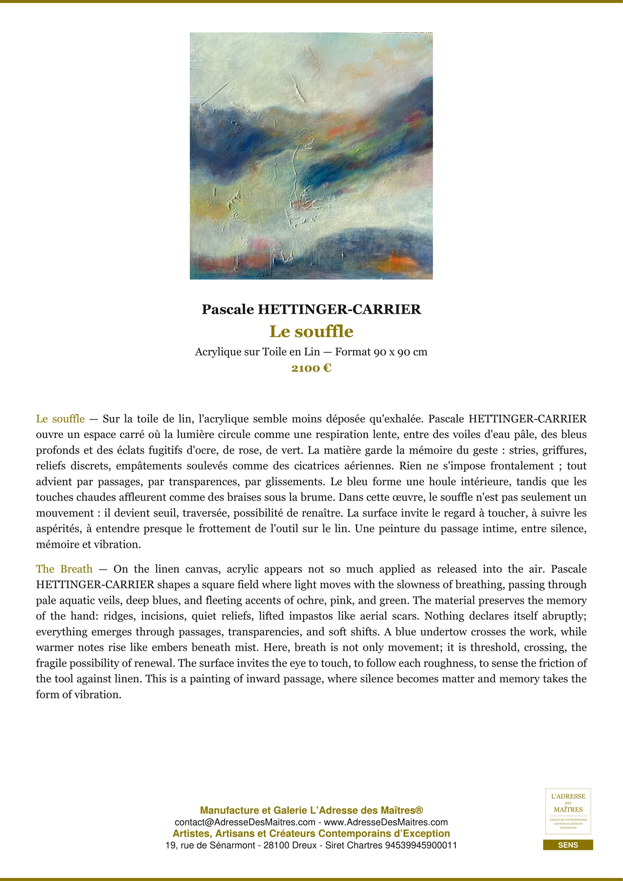 Fiche Premium - Le souffle - Pascale HETTINGER-CARRIER - L'Adresse des Maîtres®