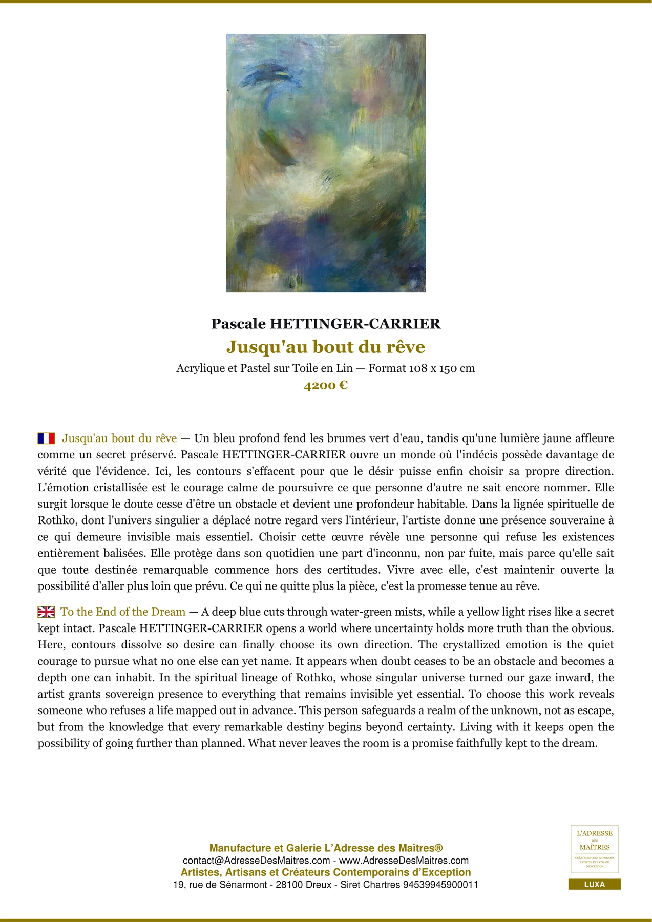 Fiche Premium - Jusqu'au bout du rêve - Pascale HETTINGER-CARRIER - L'Adresse des Maîtres®
