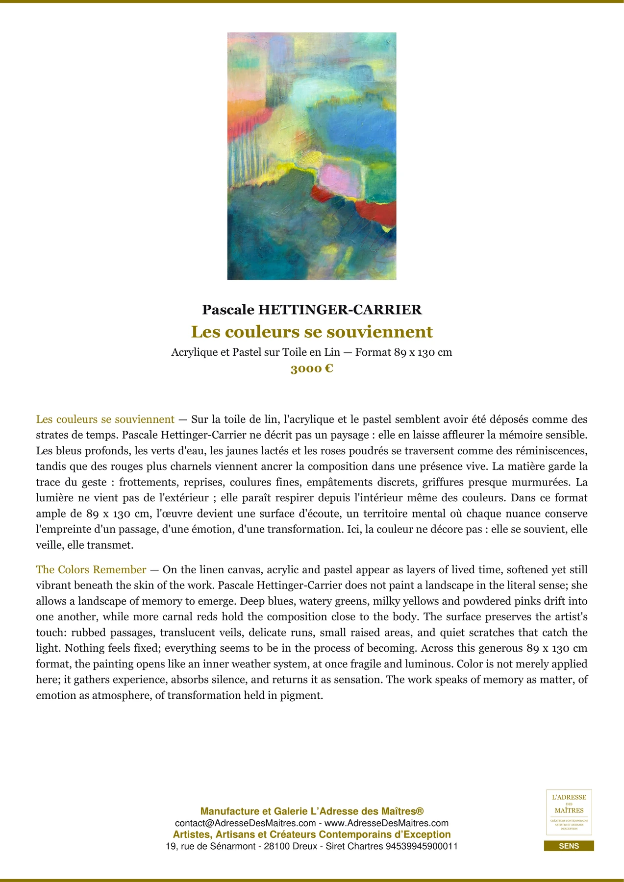 Fiche Premium - Les couleurs se souviennent - Pascale HETTINGER-CARRIER - L'Adresse des Maîtres®