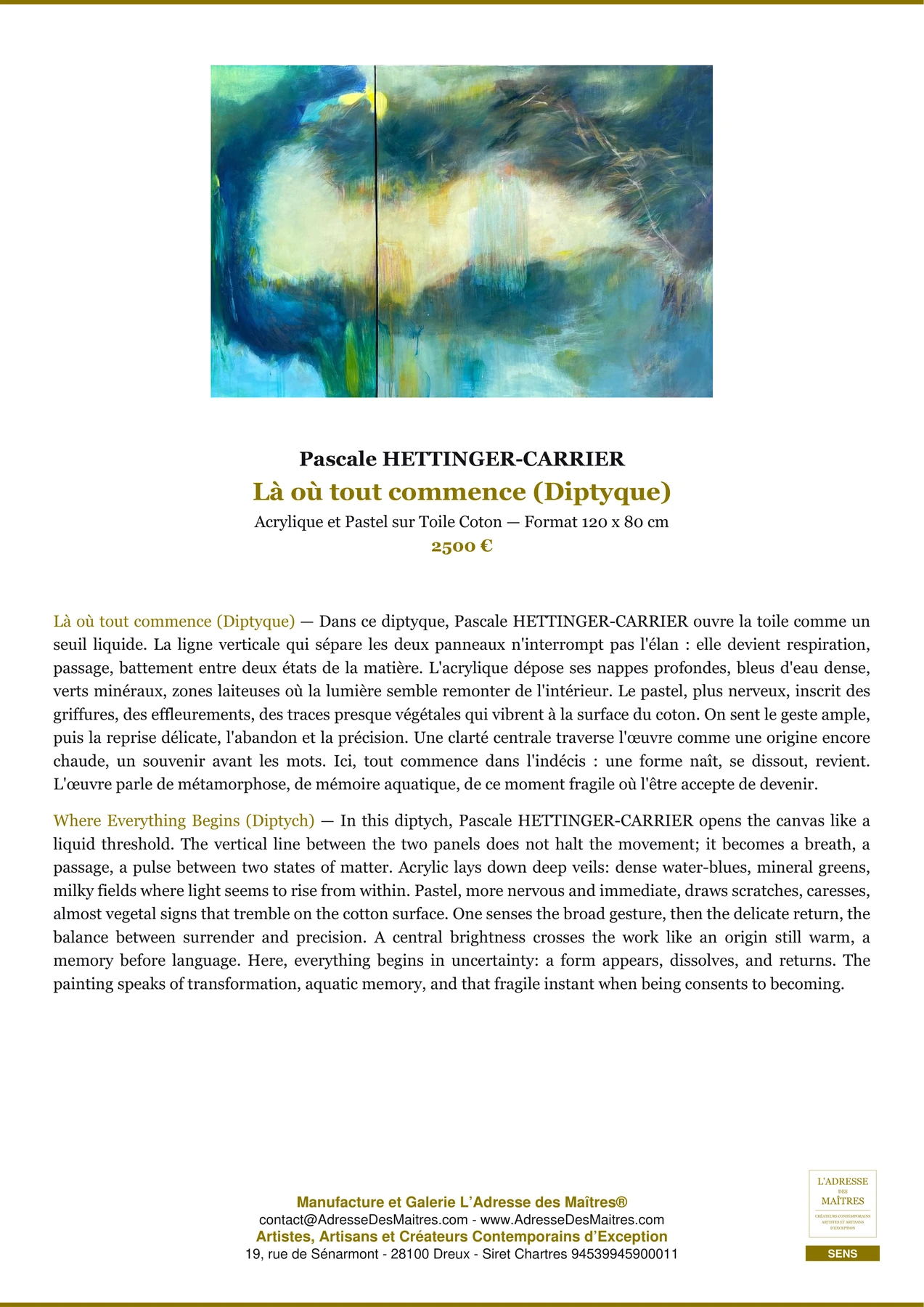 Fiche Premium - Là où tout commence (Diptyque) - Pascale HETTINGER-CARRIER - L'Adresse des Maîtres®