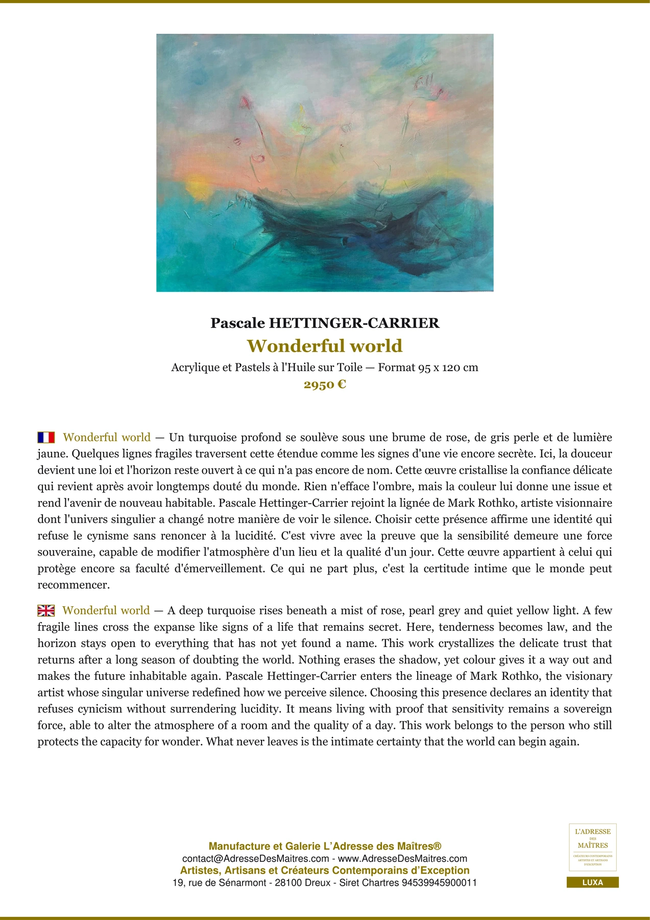 Fiche Premium - Wonderful world - Pascale HETTINGER-CARRIER - L'Adresse des Maîtres®