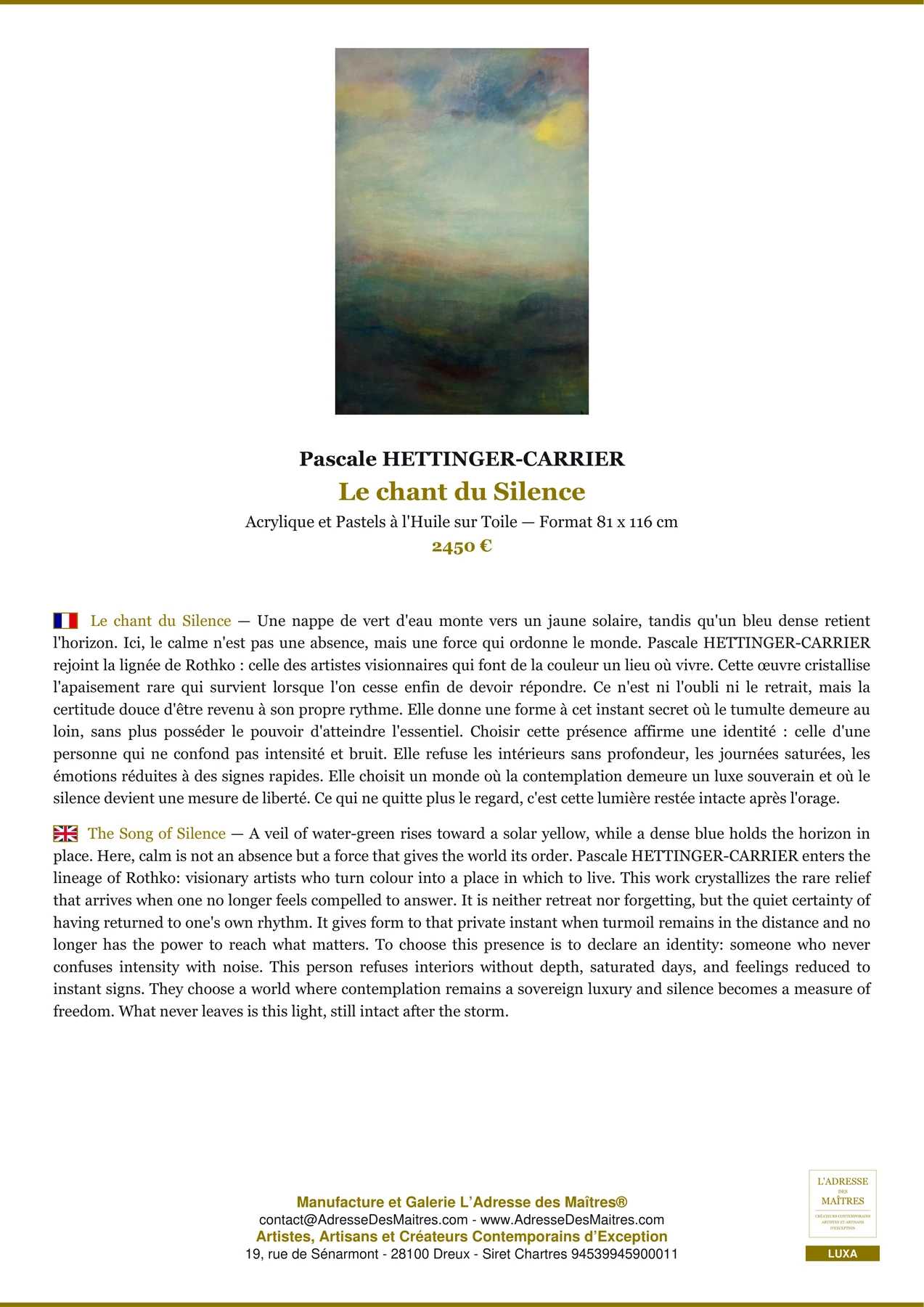 Fiche Premium - Le chant du Silence - Pascale HETTINGER-CARRIER - L'Adresse des Maîtres®