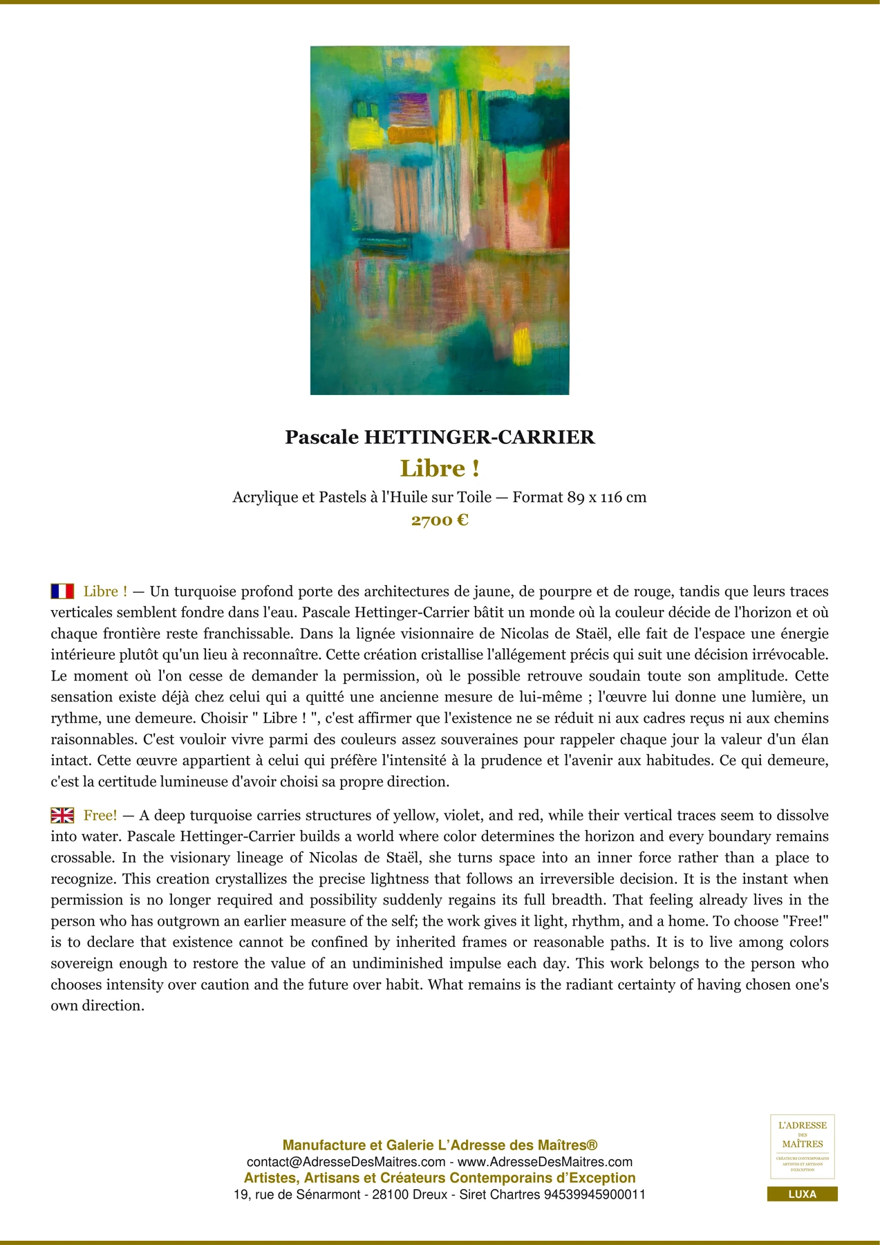 Fiche Premium - Libre ! - Pascale HETTINGER-CARRIER - L'Adresse des Maîtres®
