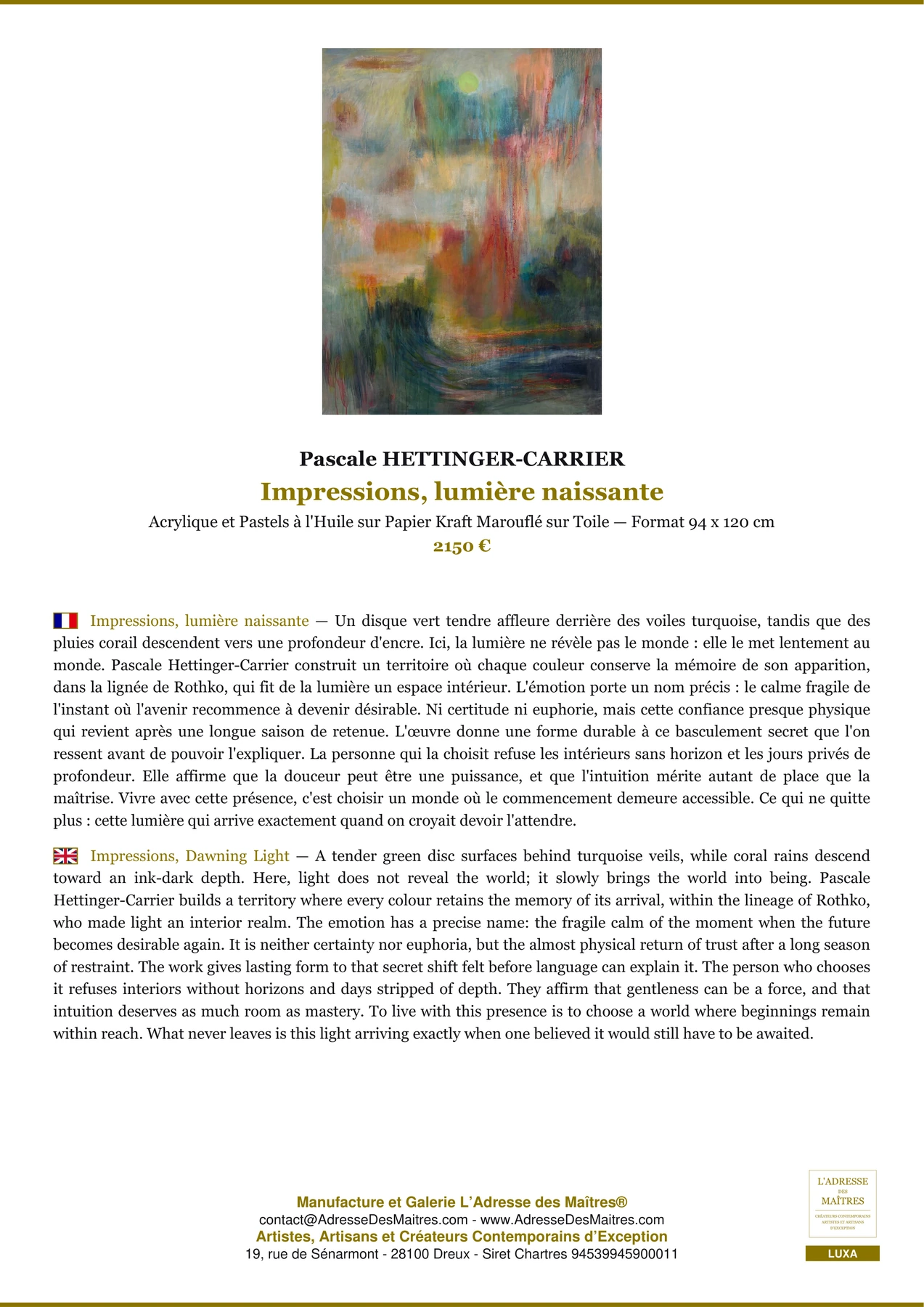 Fiche Premium - Impressions, lumière naissante - Pascale HETTINGER-CARRIER - L'Adresse des Maîtres®