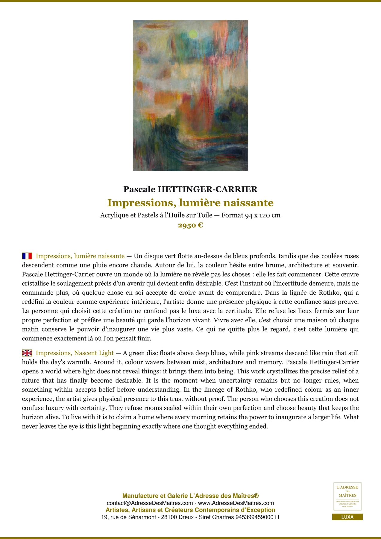Fiche Premium - Impressions, lumière naissante - Pascale HETTINGER-CARRIER - L'Adresse des Maîtres®