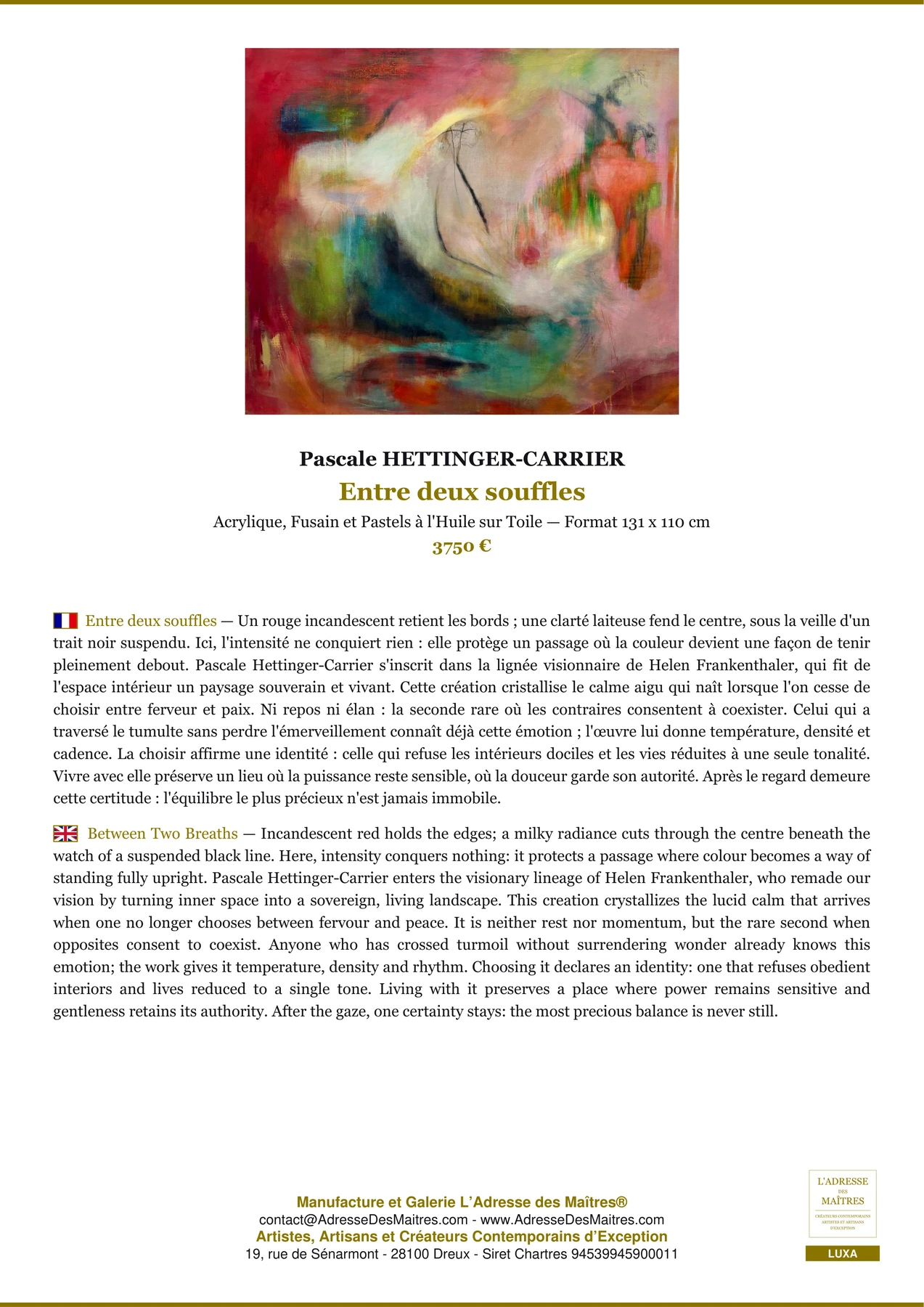 Fiche Premium - Entre deux souffles - Pascale HETTINGER-CARRIER - L'Adresse des Maîtres®