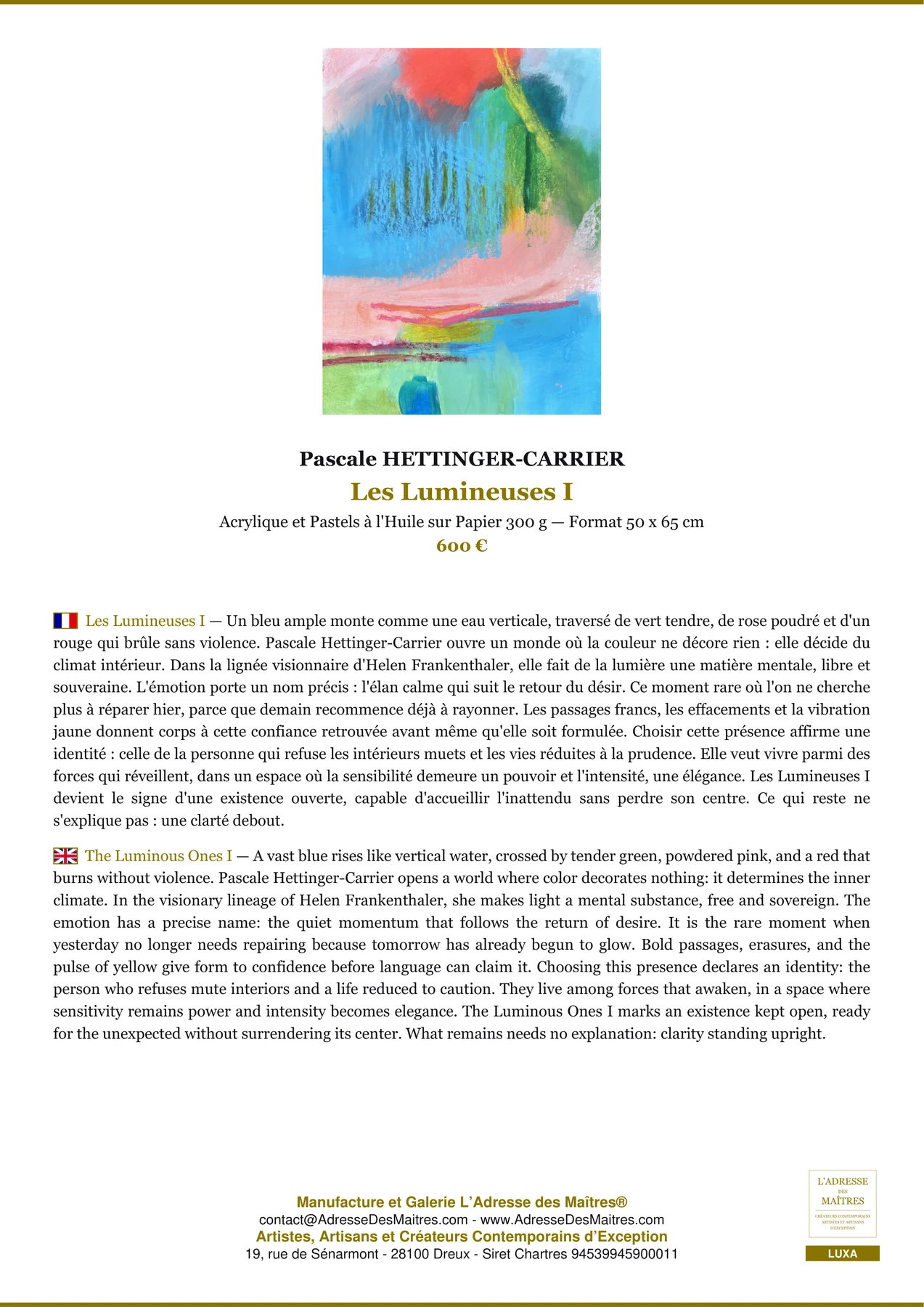 Acrylic and Oil Pastel on 300 gsm Paper, L'Adresse des Maîtres®
