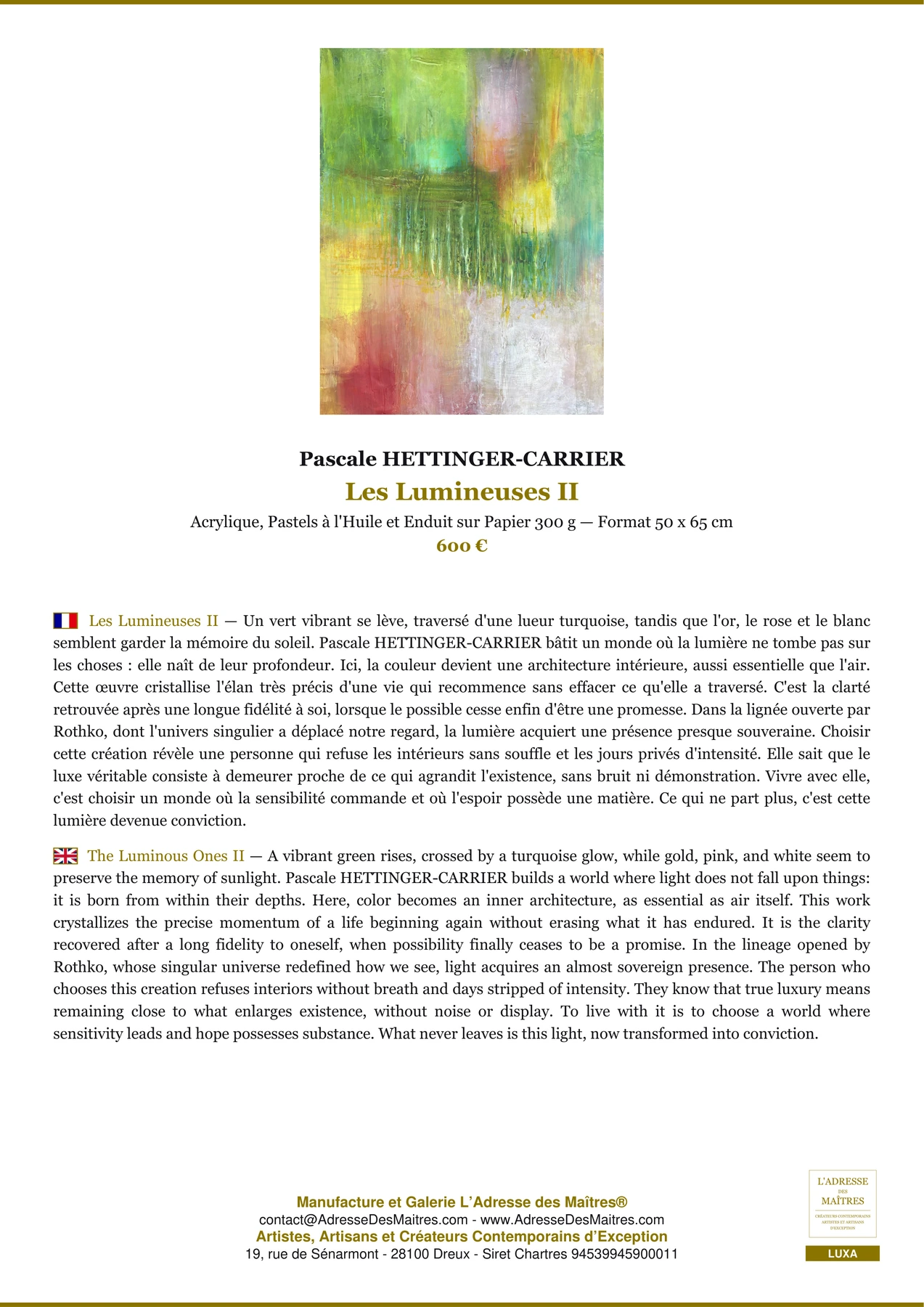 Fiche Premium - Les Lumineuses II - Pascale HETTINGER-CARRIER - L'Adresse des Maîtres®