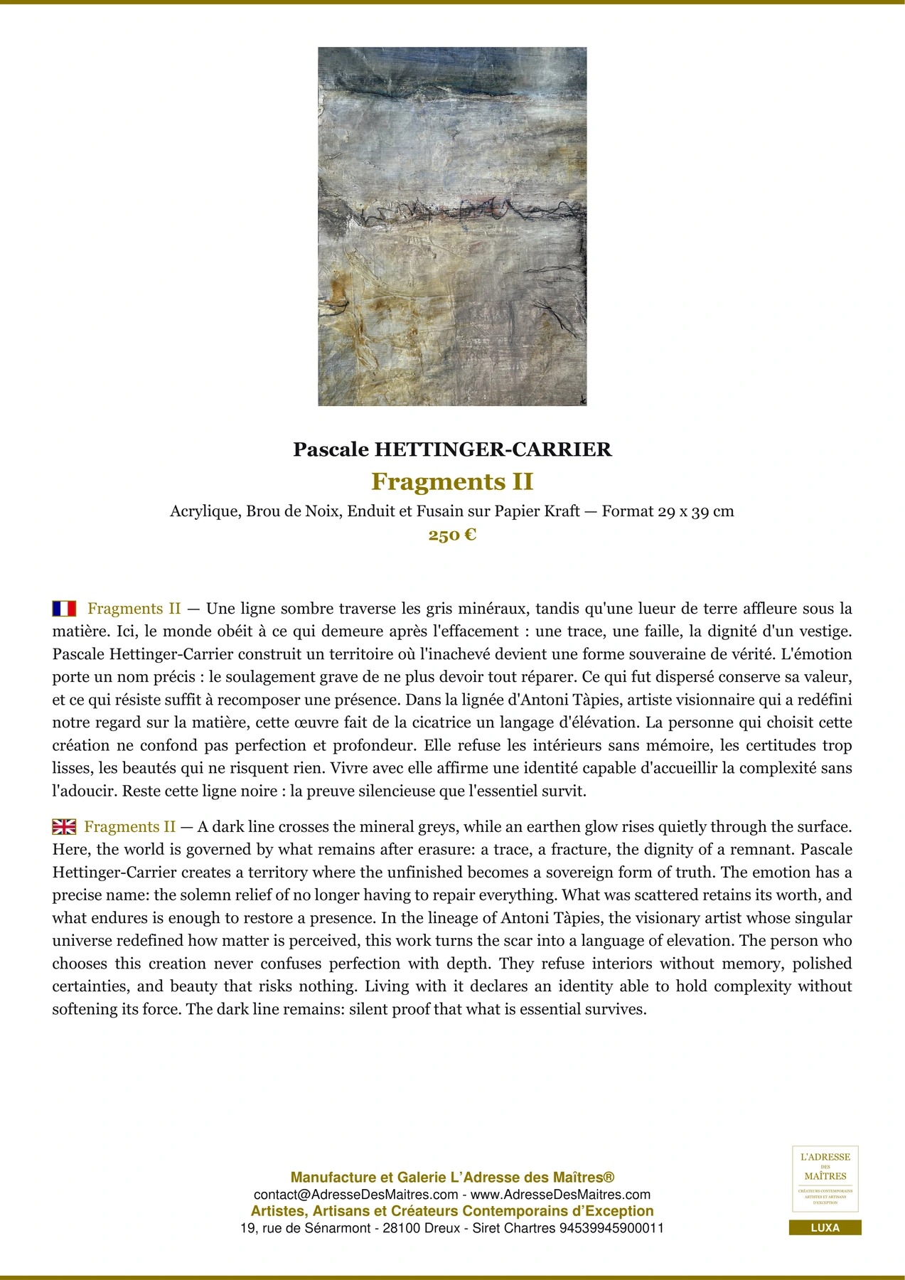 Fiche Premium - Fragments II - Pascale HETTINGER-CARRIER - L'Adresse des Maîtres®