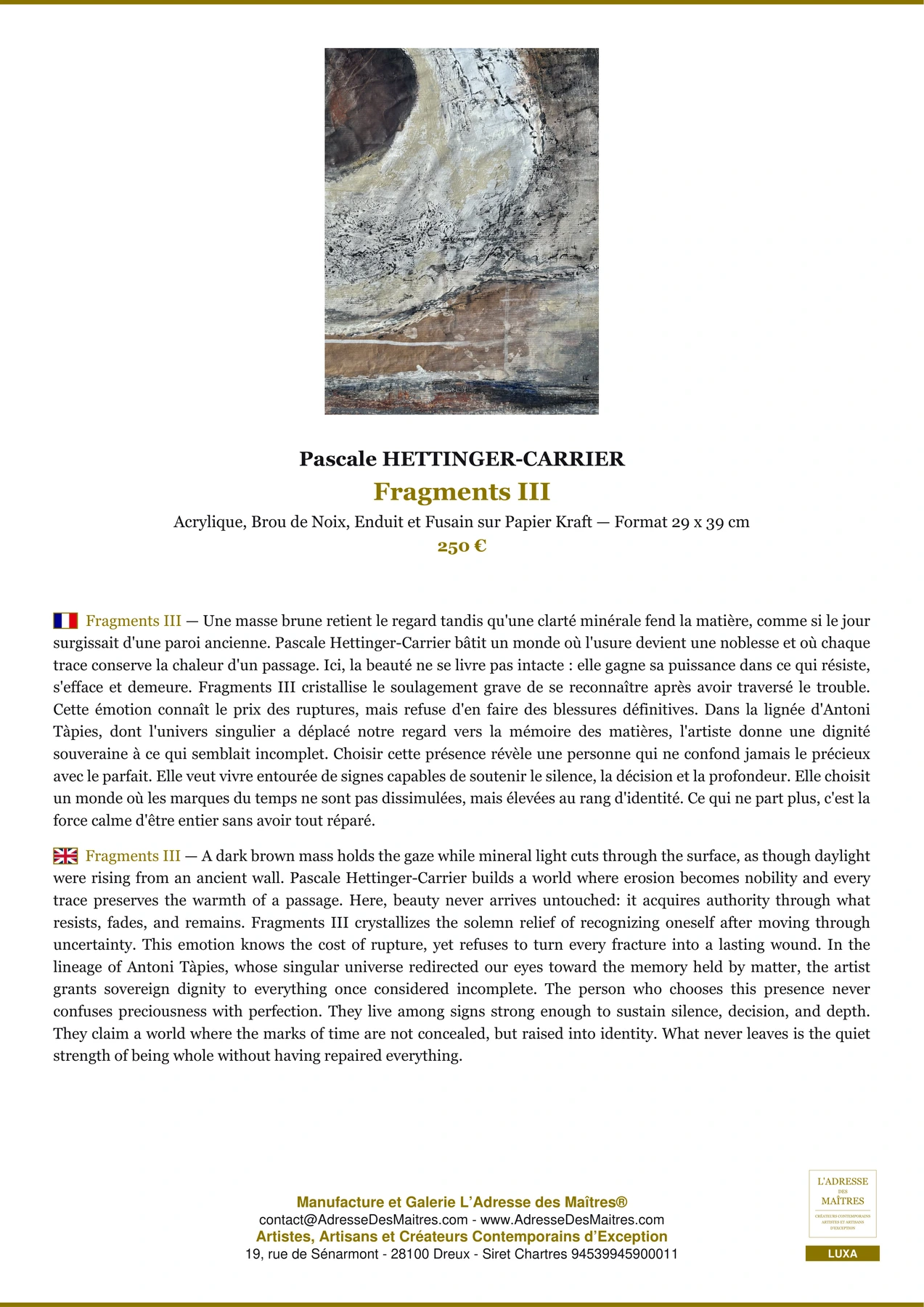 Fiche Premium - Fragments III - Pascale HETTINGER-CARRIER - L'Adresse des Maîtres®