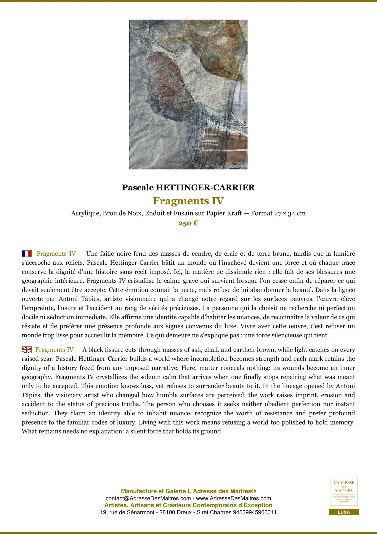 Fiche Premium - Fragments IV - Pascale HETTINGER-CARRIER - L'Adresse des Maîtres®