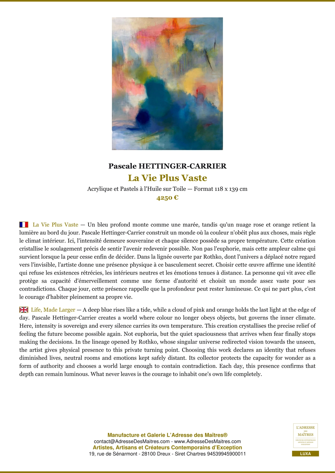 Fiche Premium - La Vie Plus Vaste - Pascale HETTINGER-CARRIER - L'Adresse des Maîtres®