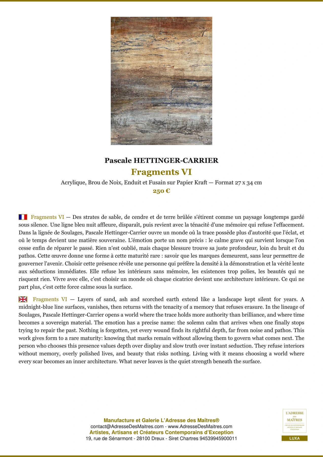 Fiche Premium - Fragments VI - Pascale HETTINGER-CARRIER - L'Adresse des Maîtres®