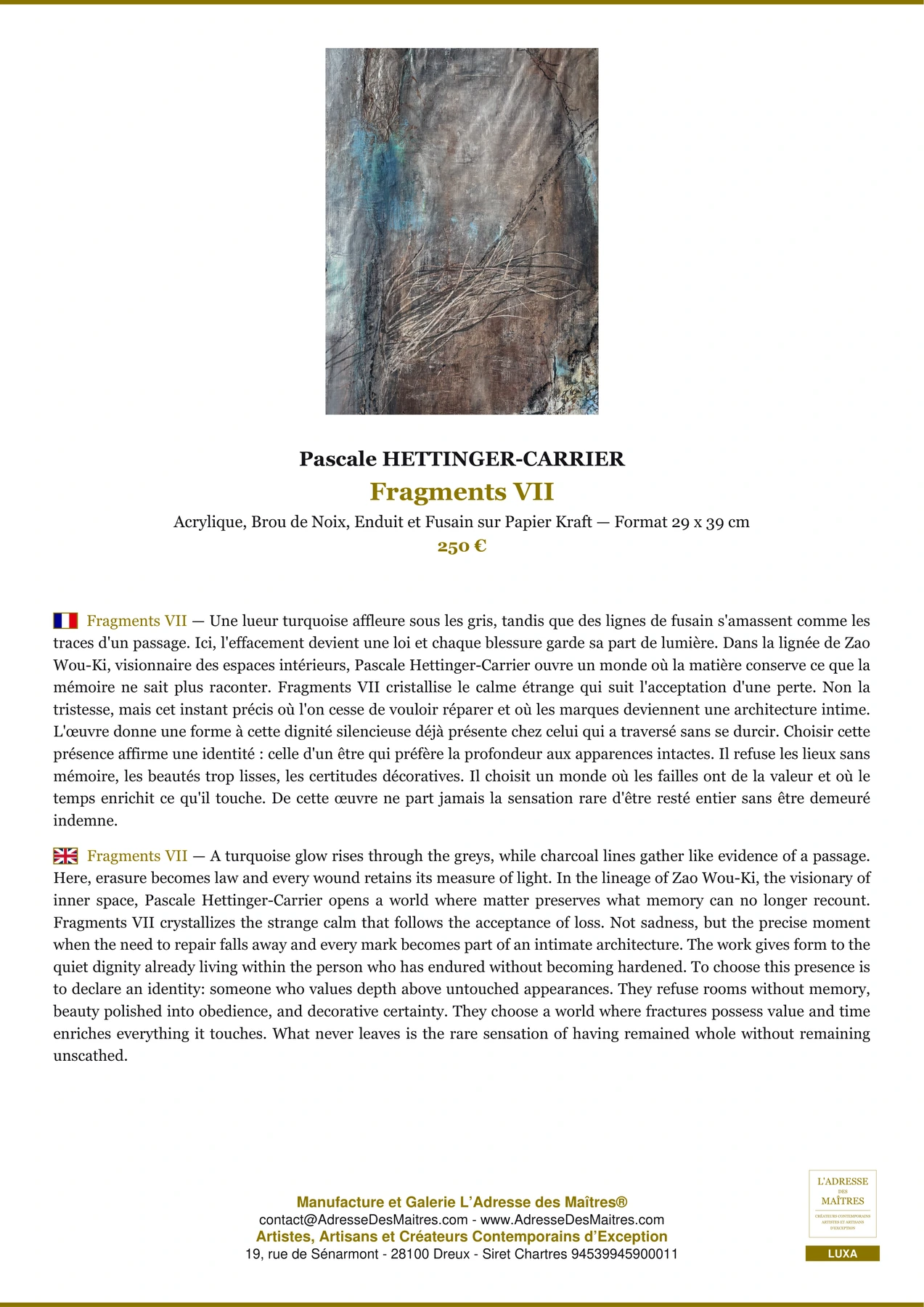 Fiche Premium - Fragments VII - Pascale HETTINGER-CARRIER - L'Adresse des Maîtres®