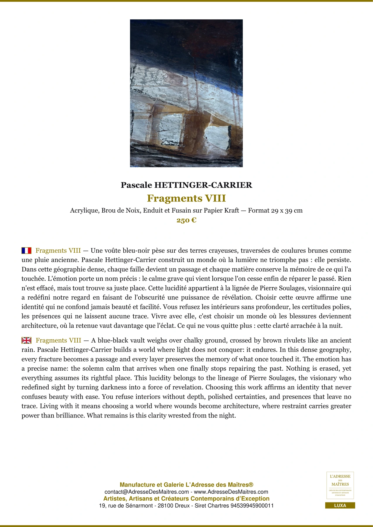 Fiche Premium - Fragments VIII - Pascale HETTINGER-CARRIER - L'Adresse des Maîtres®