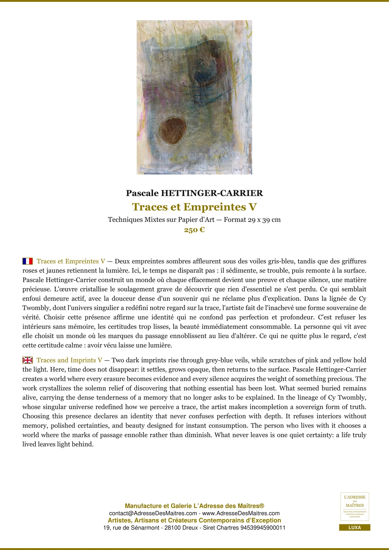 Fiche Premium - Traces et Empreintes V - Pascale HETTINGER-CARRIER - L'Adresse des Maîtres®