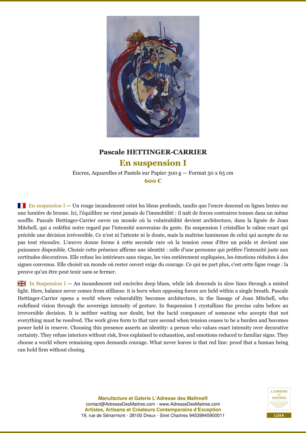 Fiche Premium - En suspension I - Pascale HETTINGER-CARRIER - L'Adresse des Maîtres®