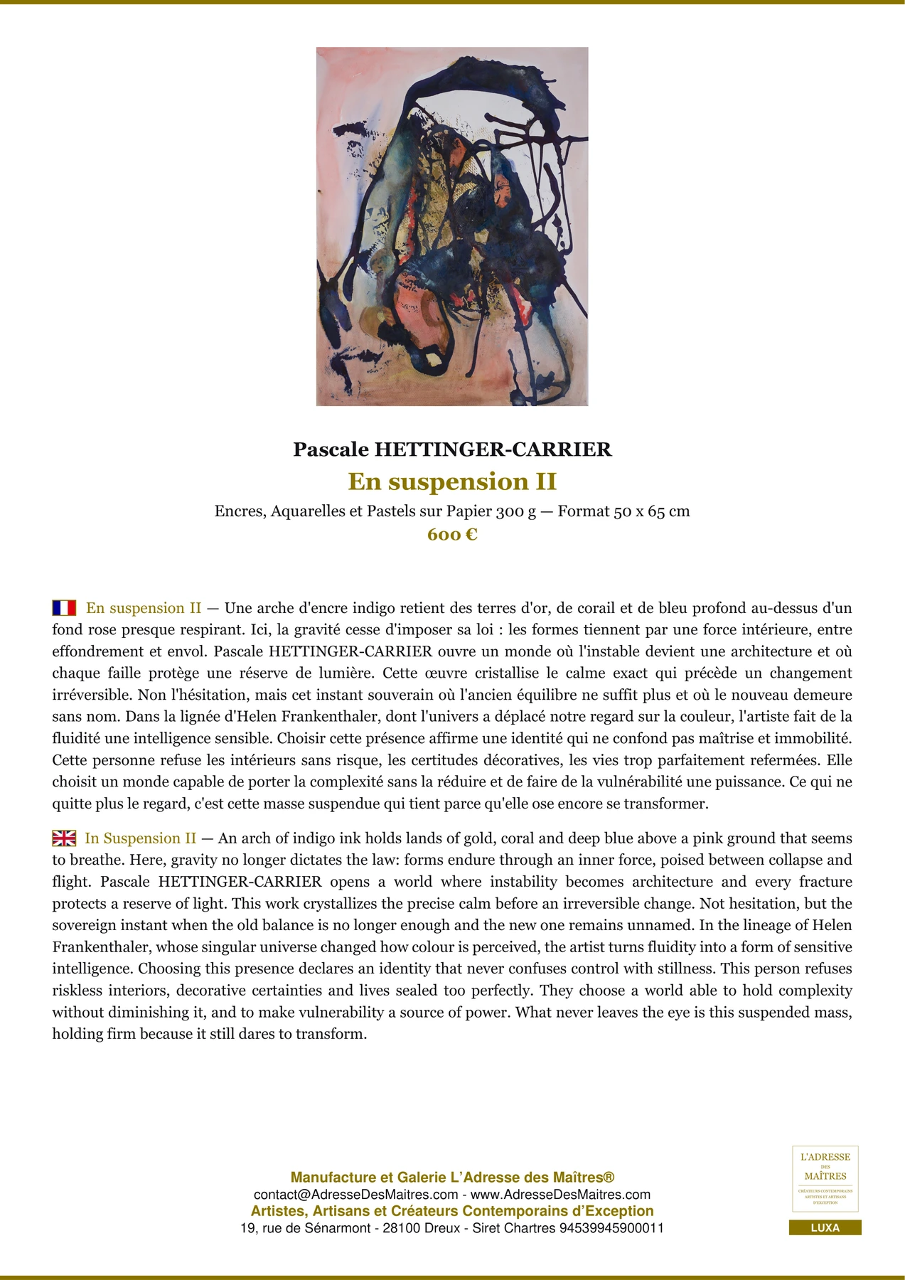 Fiche Premium - En suspension II - Pascale HETTINGER-CARRIER - L'Adresse des Maîtres®