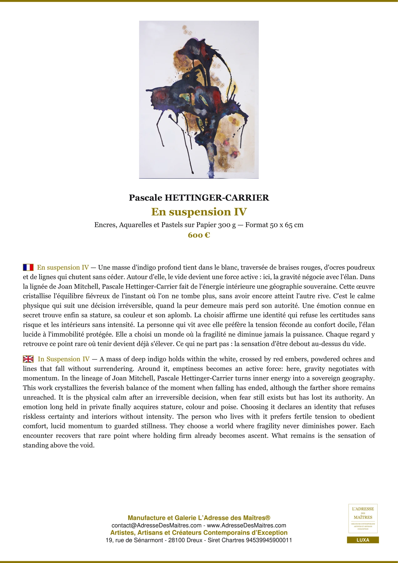 Fiche Premium - En suspension IV - Pascale HETTINGER-CARRIER - L'Adresse des Maîtres®