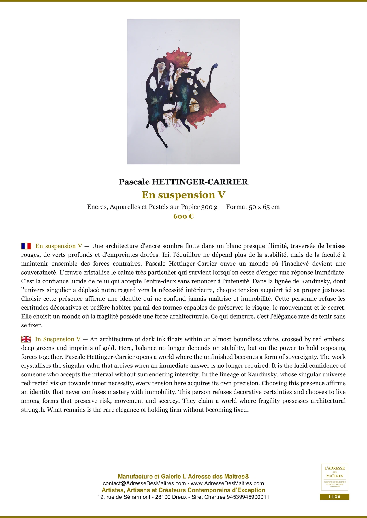 Fiche Premium - En suspension V - Pascale HETTINGER-CARRIER - L'Adresse des Maîtres®
