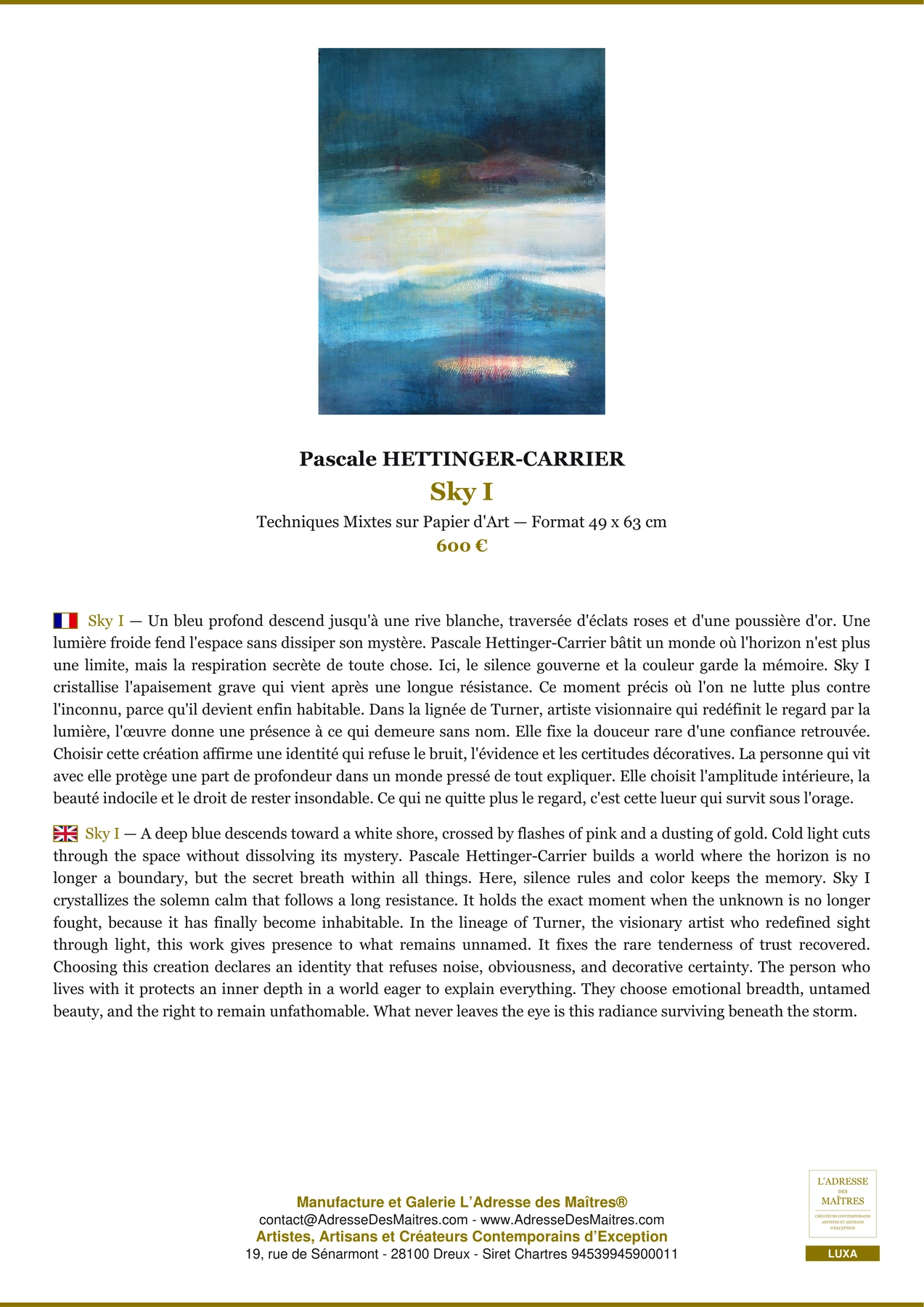 Fiche Premium - Sky I - Pascale HETTINGER-CARRIER - L'Adresse des Maîtres®