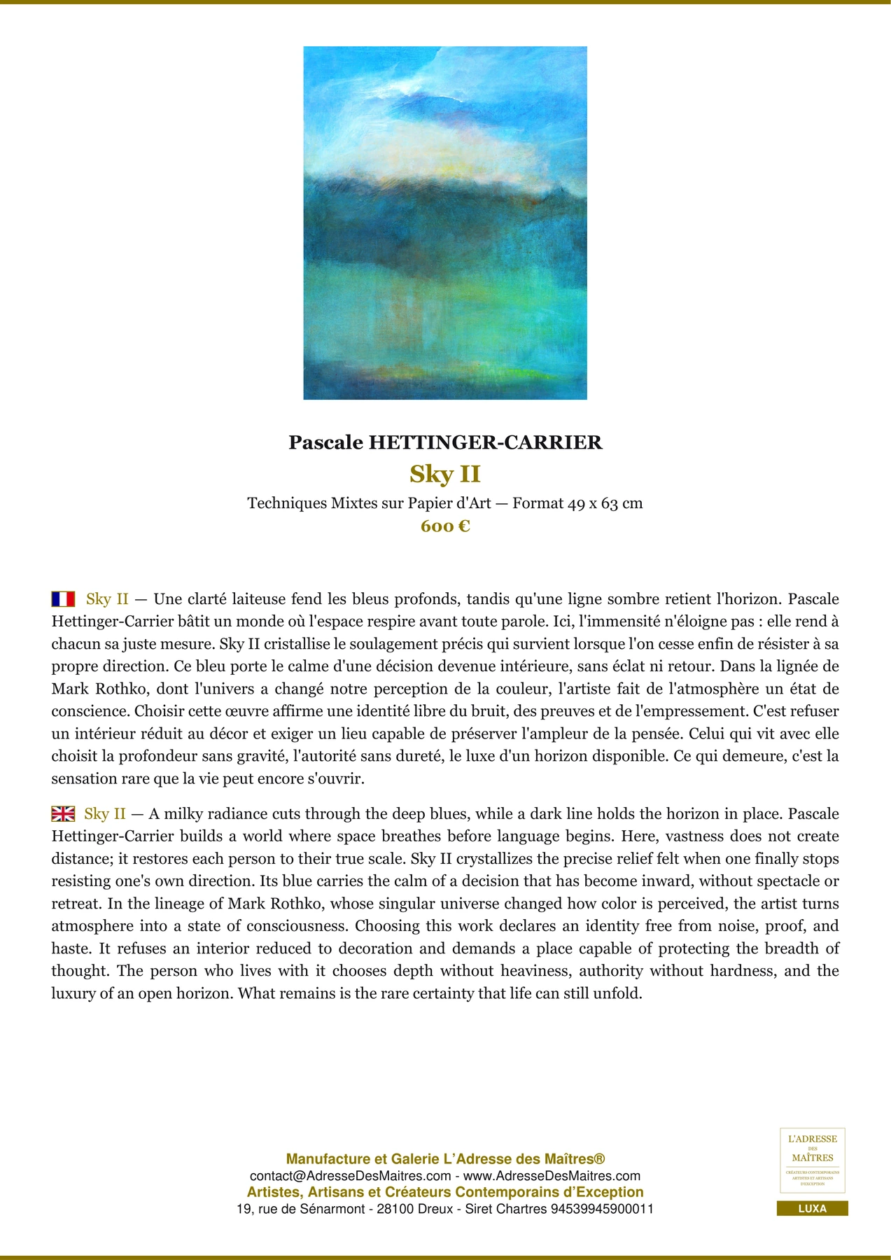 Fiche Premium - Sky II - Pascale HETTINGER-CARRIER - L'Adresse des Maîtres®