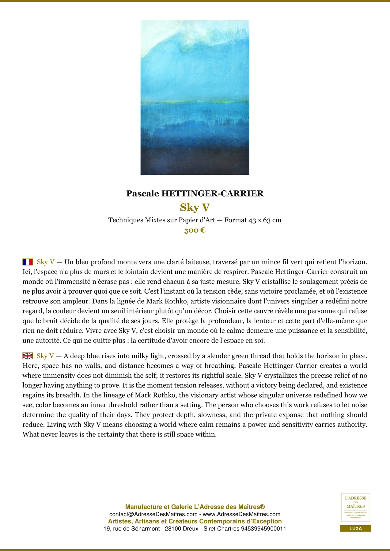 Fiche Premium - Sky V - Pascale HETTINGER-CARRIER - L'Adresse des Maîtres®