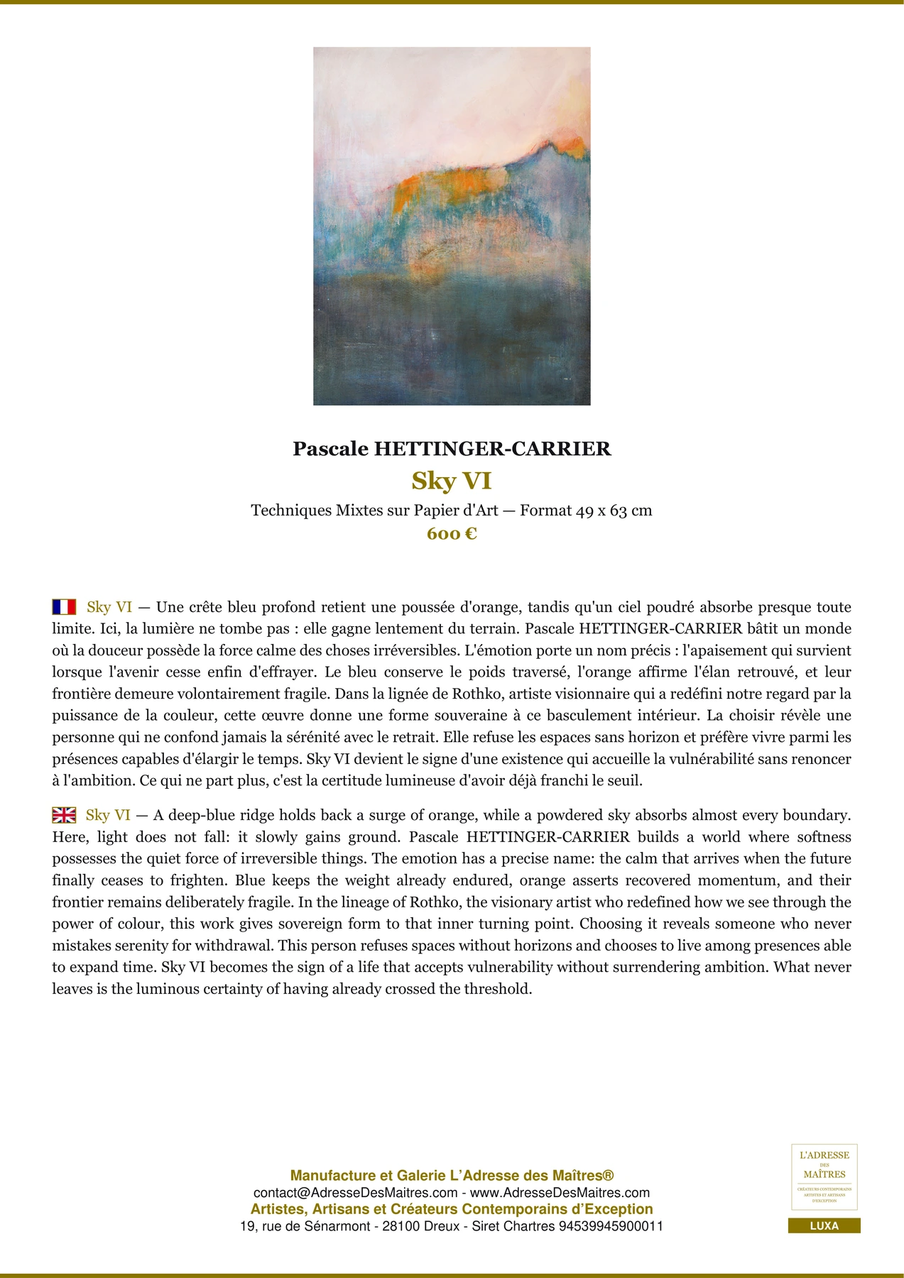 Fiche Premium - Sky VI - Pascale HETTINGER-CARRIER - L'Adresse des Maîtres®