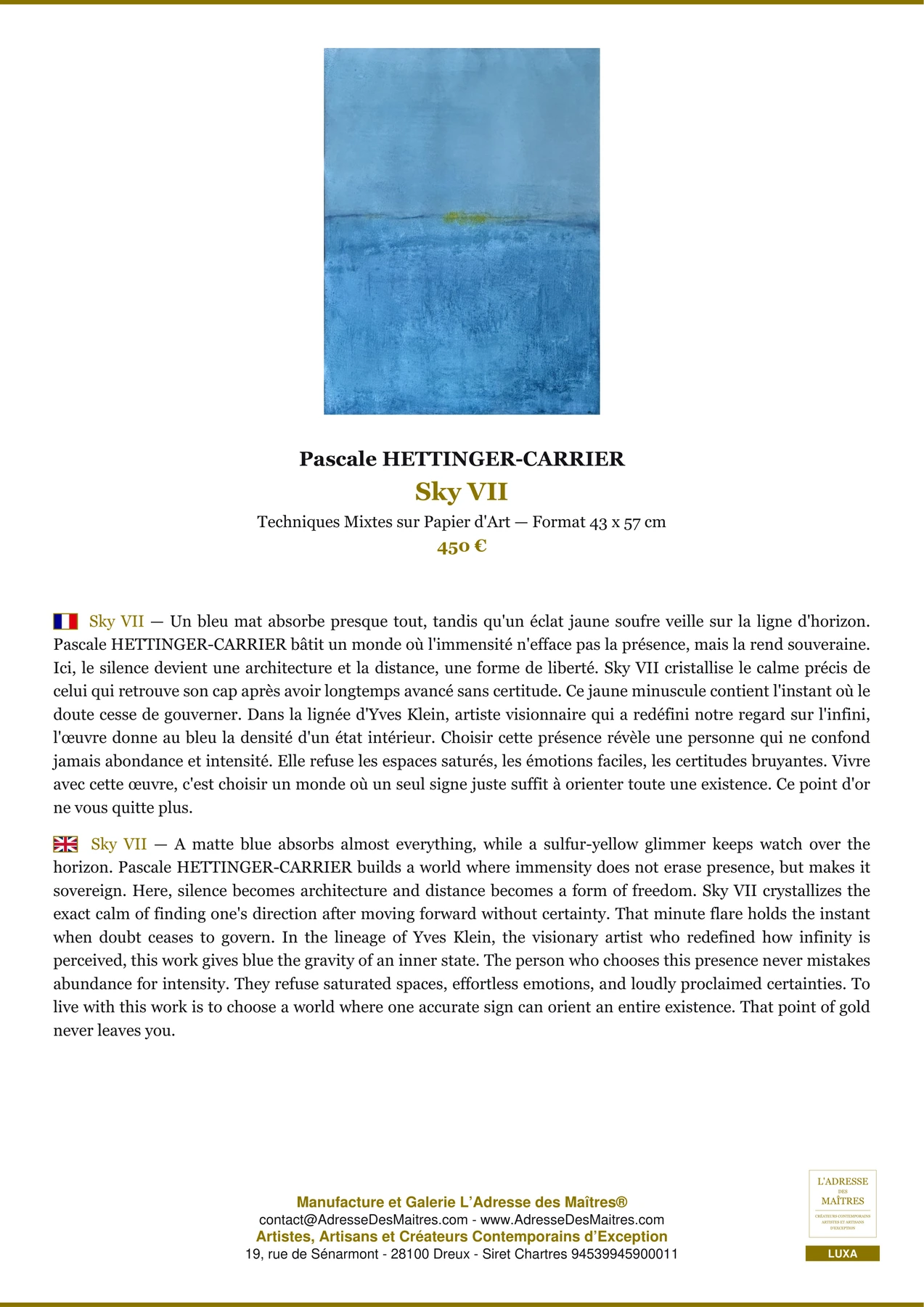 Fiche Premium - Sky VII - Pascale HETTINGER-CARRIER - L'Adresse des Maîtres®
