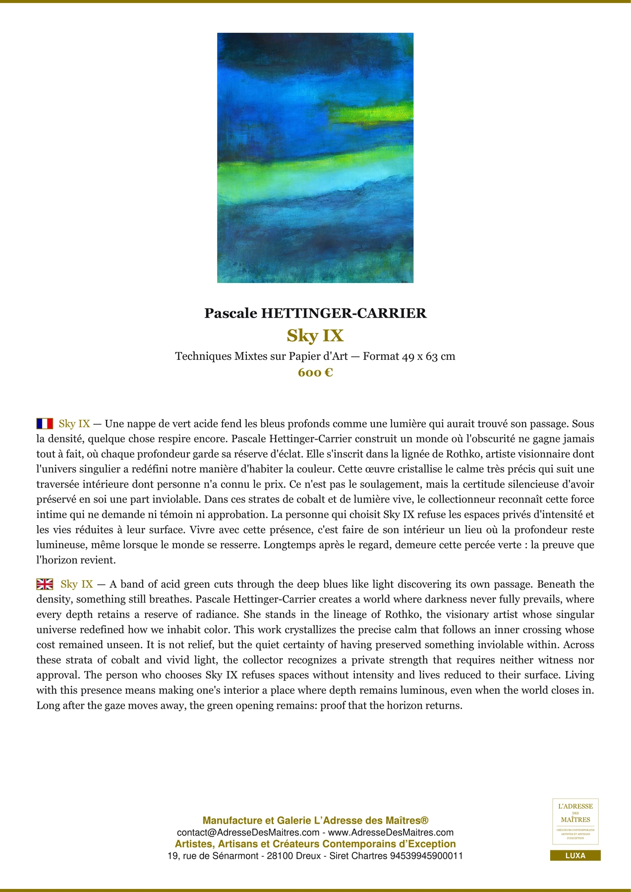 Fiche Premium - Sky IX - Pascale HETTINGER-CARRIER - L'Adresse des Maîtres®