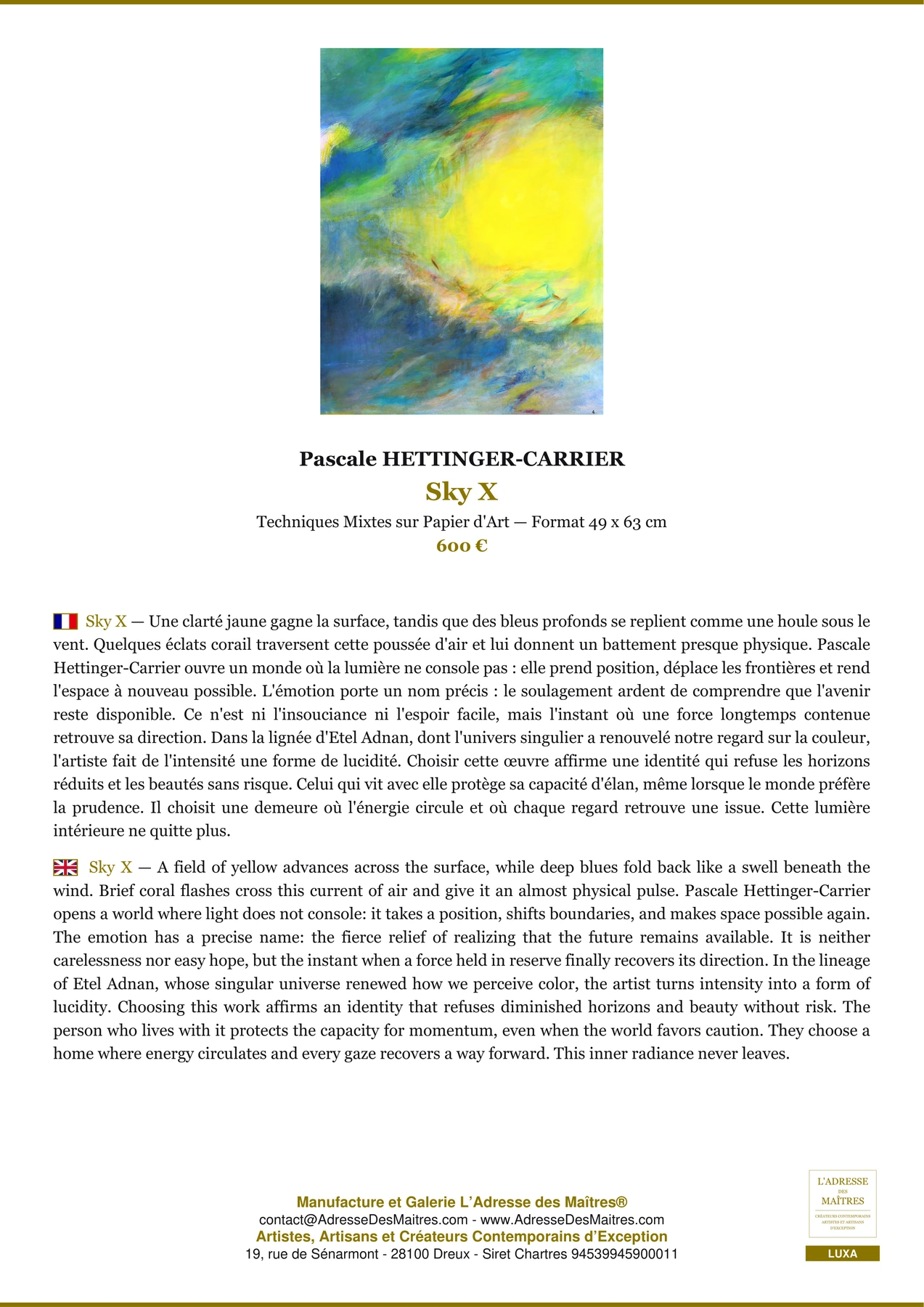Fiche Premium - Sky X - Pascale HETTINGER-CARRIER - L'Adresse des Maîtres®