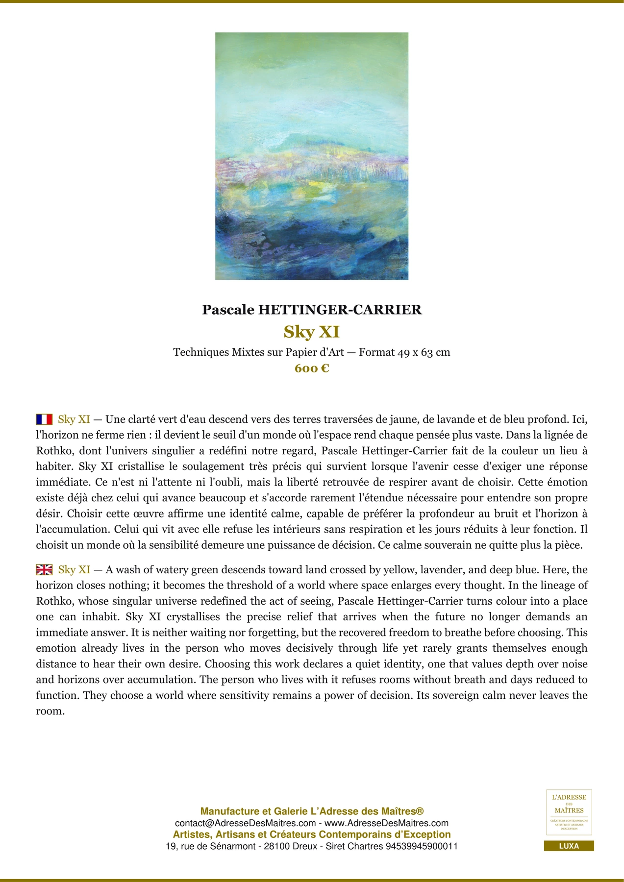 Fiche Premium - Sky XI - Pascale HETTINGER-CARRIER - L'Adresse des Maîtres®