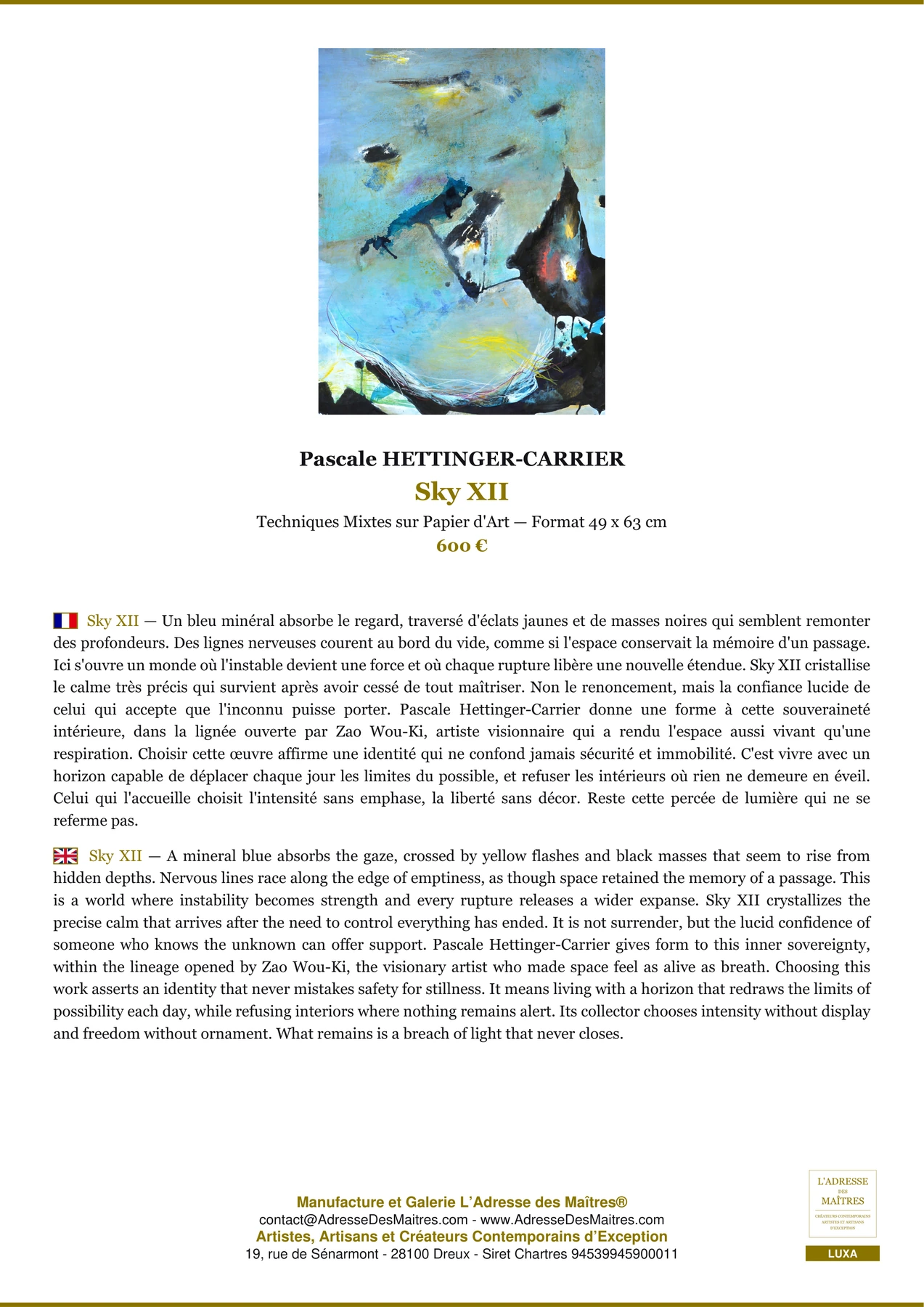 Fiche Premium - Sky XII - Pascale HETTINGER-CARRIER - L'Adresse des Maîtres®
